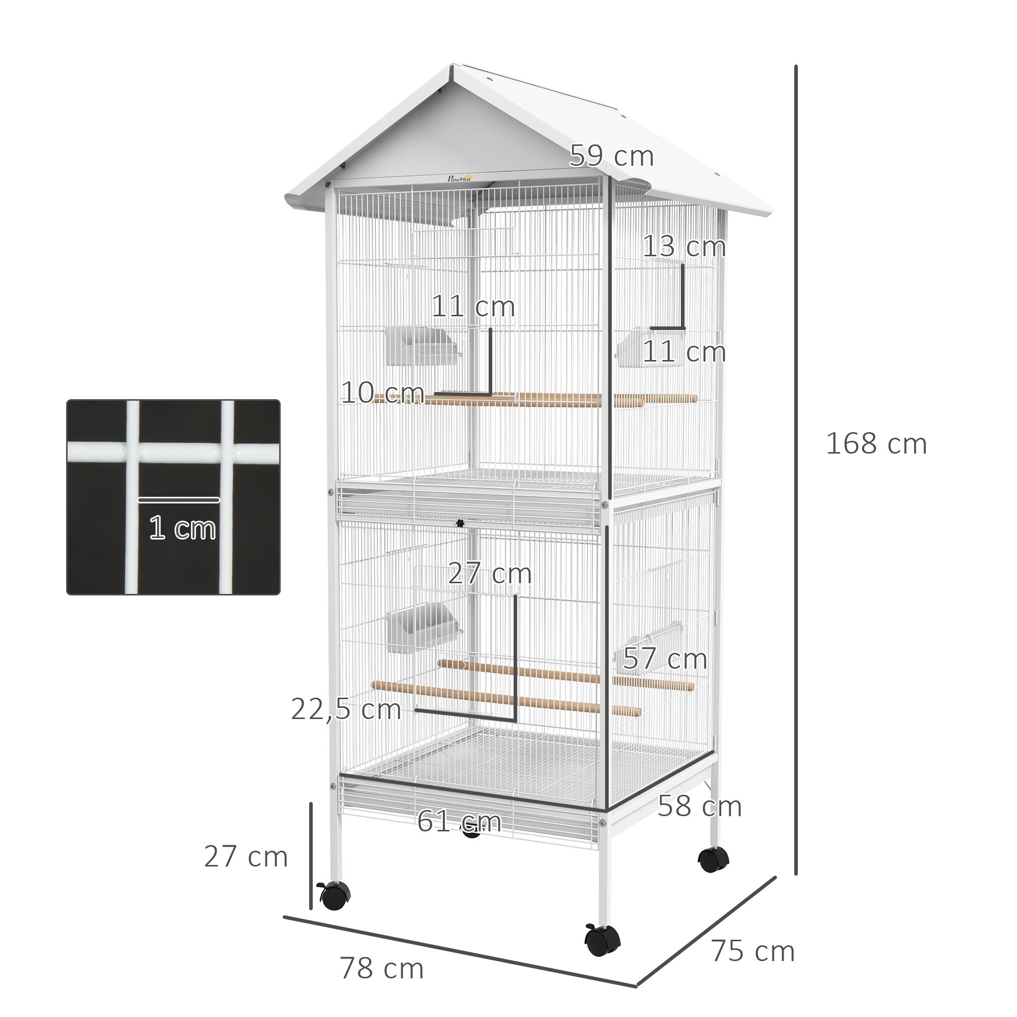 Gaiola para Pássaros 2 em 1 com Rodas – 78x75x168 cm – Branco – Aço e Madeira