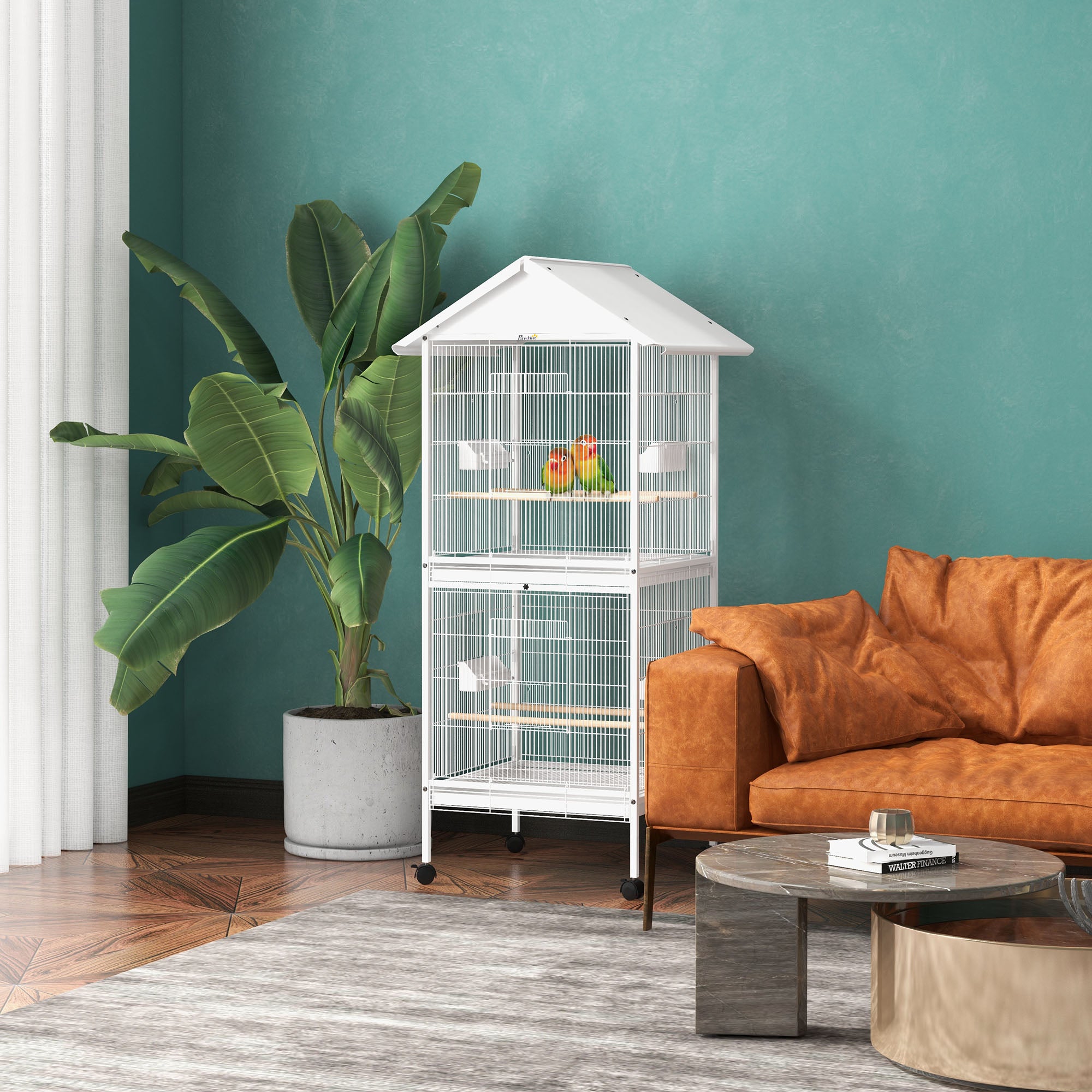 Gaiola para Pássaros 2 em 1 com Rodas – 78x75x168 cm – Branco – Aço e Madeira