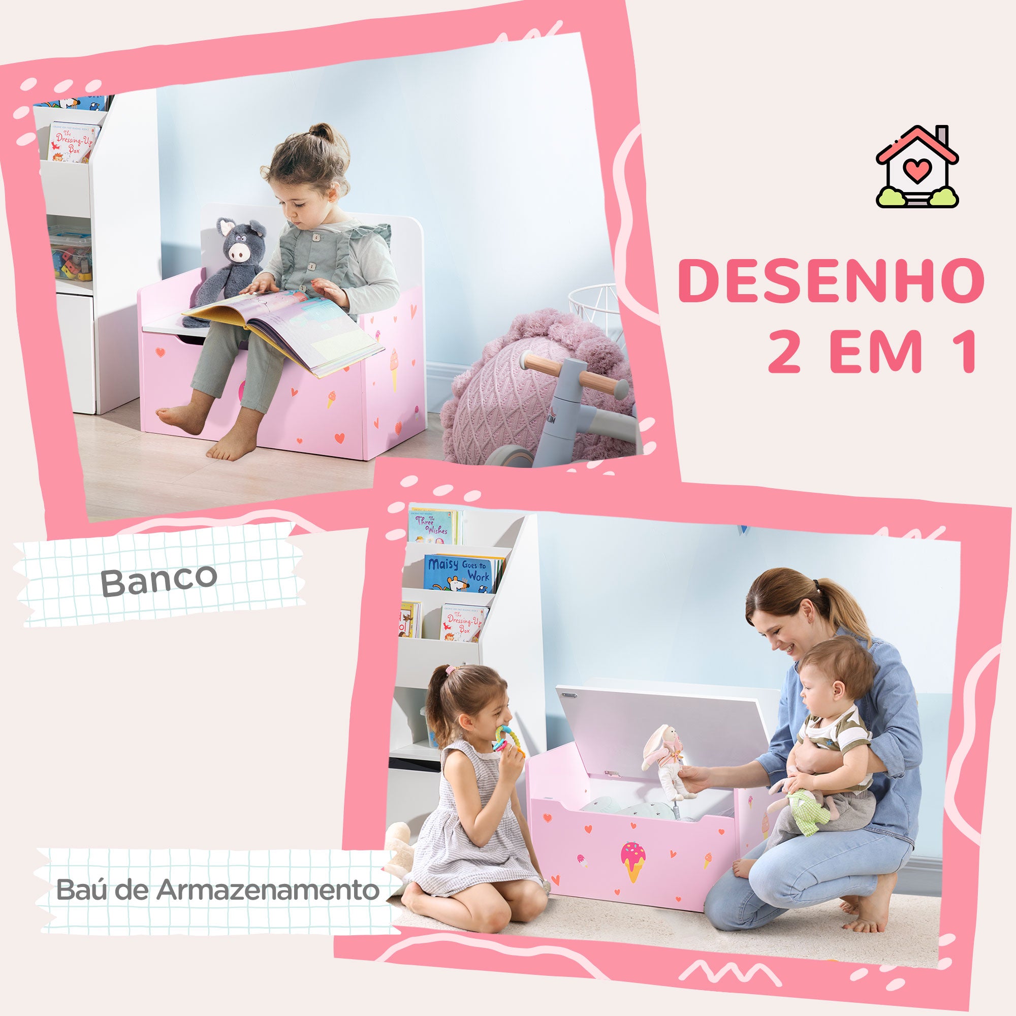 Baú Infantil 2 em 1 Rosa 60x30x50cm