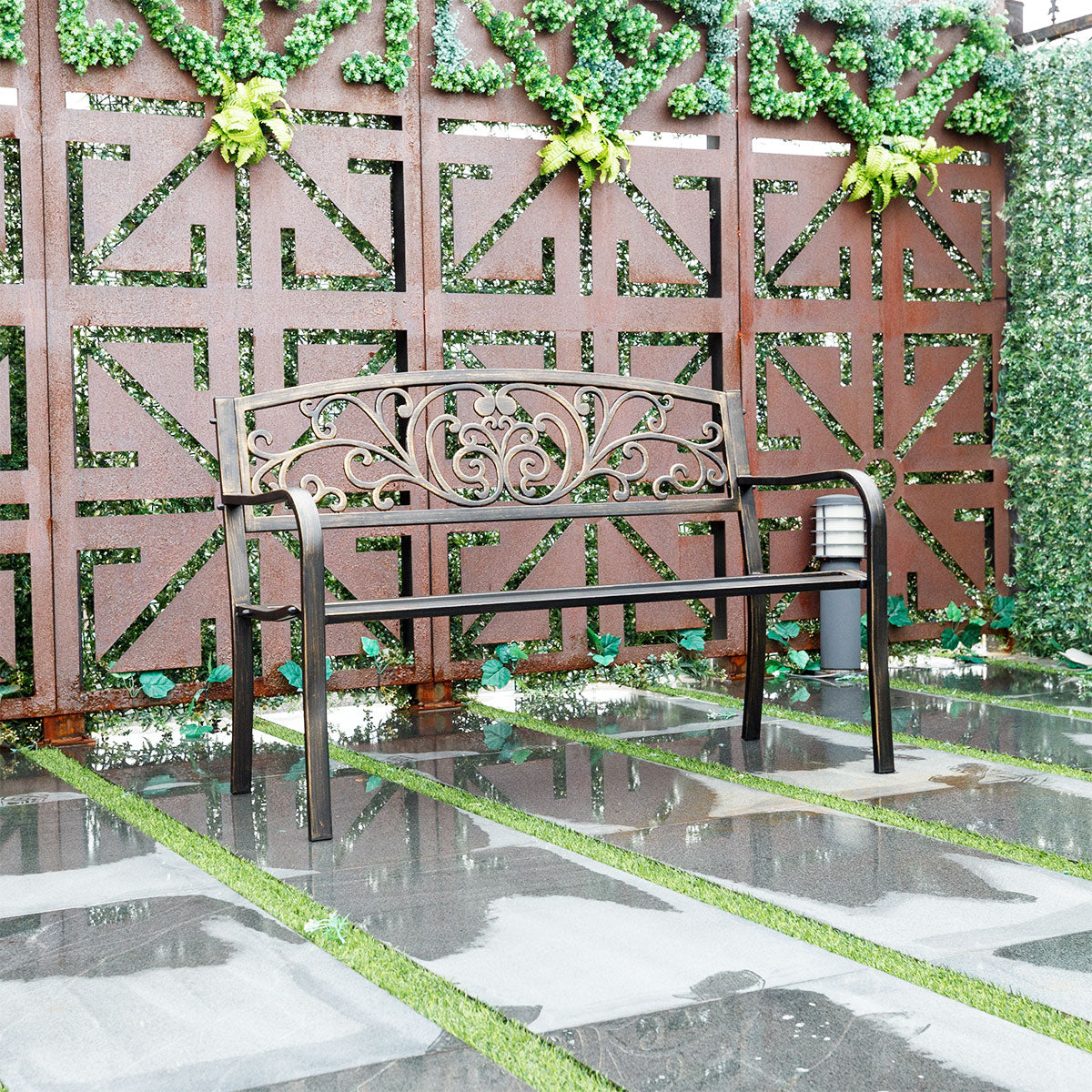 Banco de Jardim em Metal com Assento de Ferro Fundido e Encostos para Parque e Pátio 127x60x85 cm