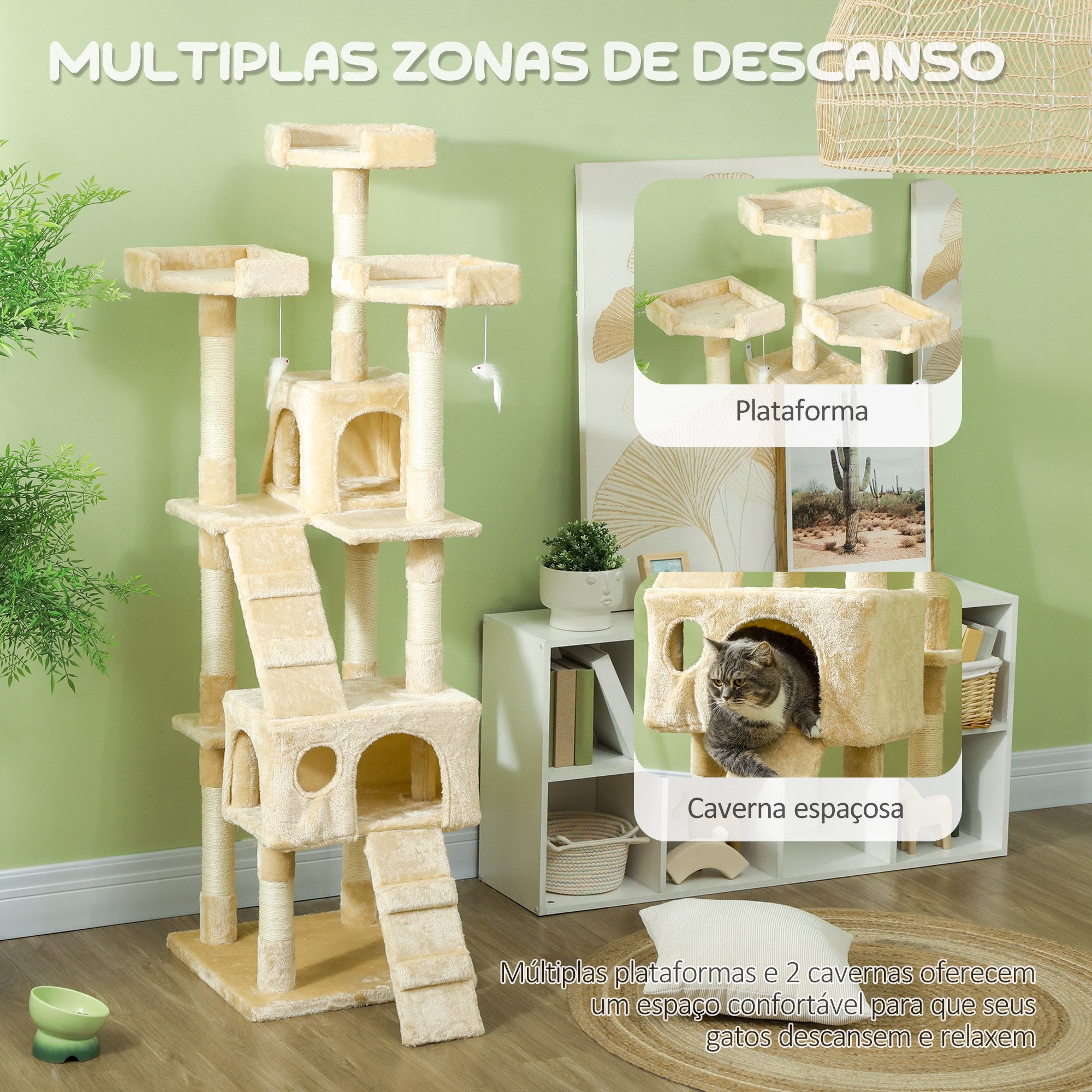 Arranhador para Gatos Grande Bege 49x49x173 cm - Centro de Atividades Multinível