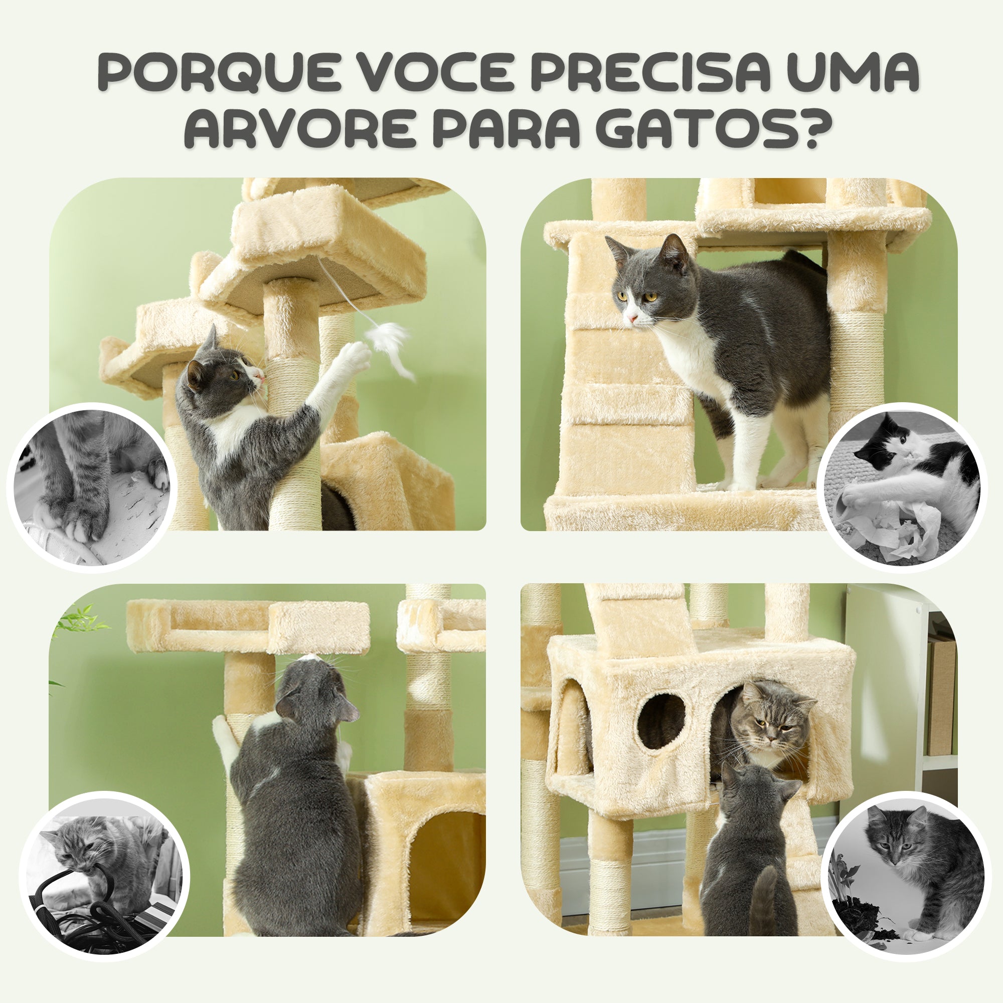Arranhador para Gatos Grande Bege 49x49x173 cm - Centro de Atividades Multinível