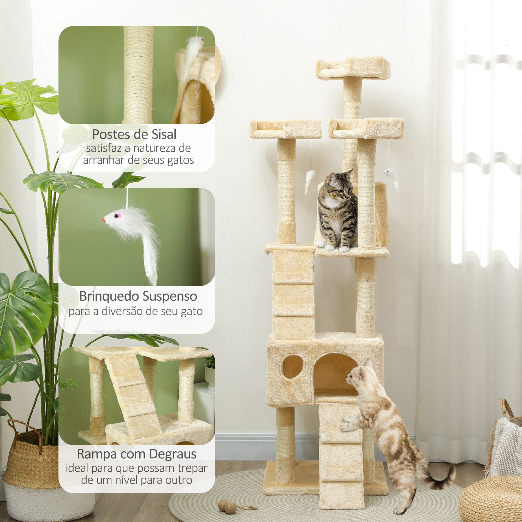 Arranhador para Gatos Grande Bege 49x49x173 cm - Centro de Atividades Multinível