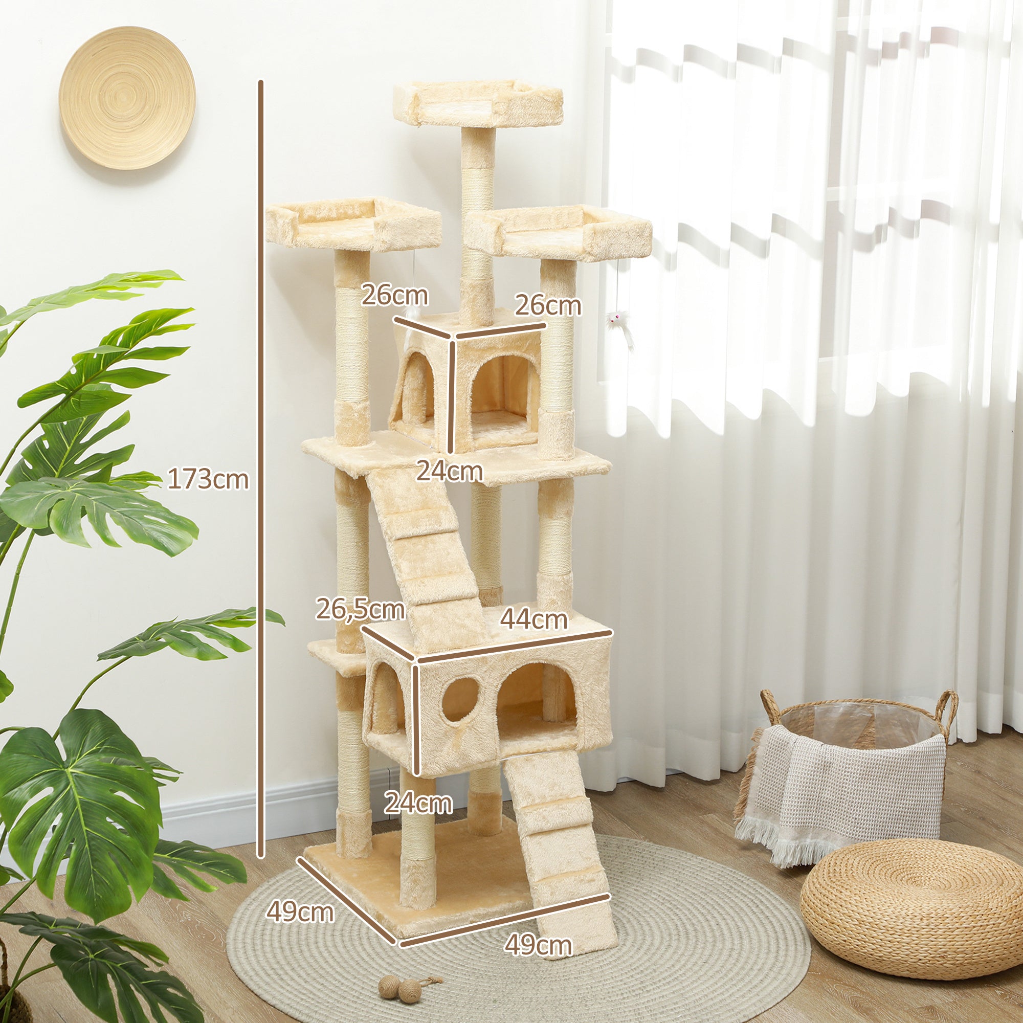 Arranhador para Gatos Grande Bege 49x49x173 cm - Centro de Atividades Multinível