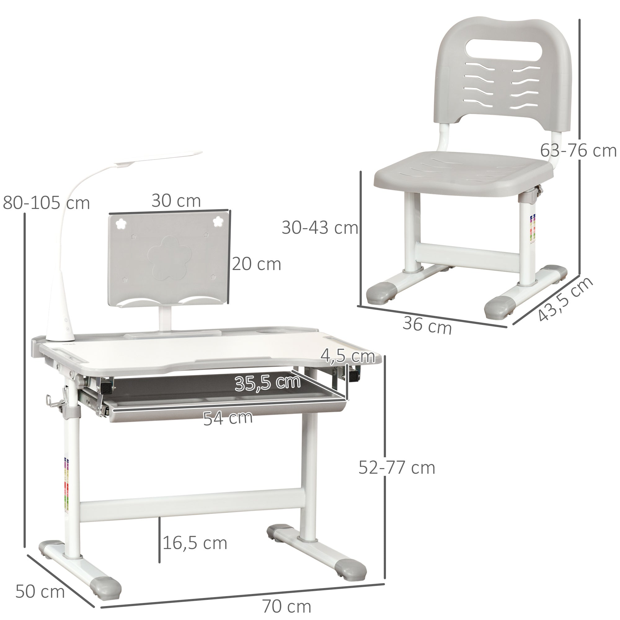 Secretária e Mesa Infantil Cinzenta com Altura Ajustável 70x50x80-105 cm