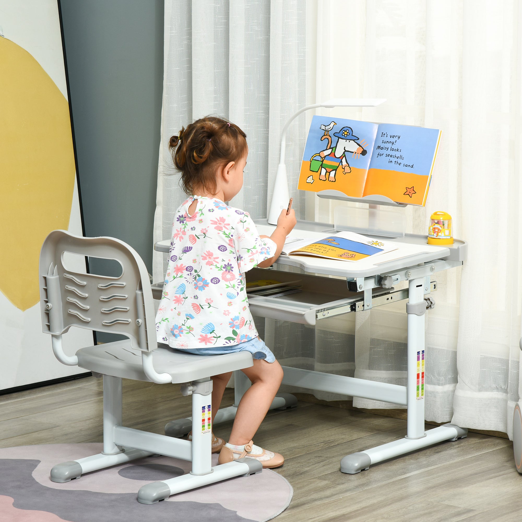 Secretária e Mesa Infantil Cinzenta com Altura Ajustável 70x50x80-105 cm
