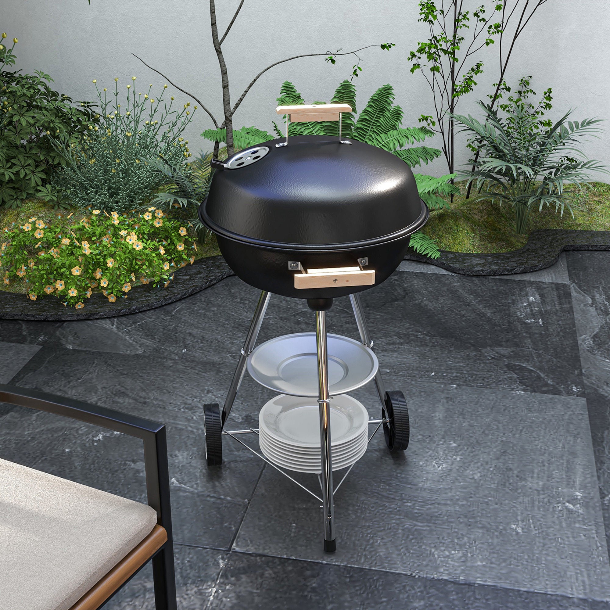 Barbecue a Carvão Portátil 48x56x85 cm Preto e Prata