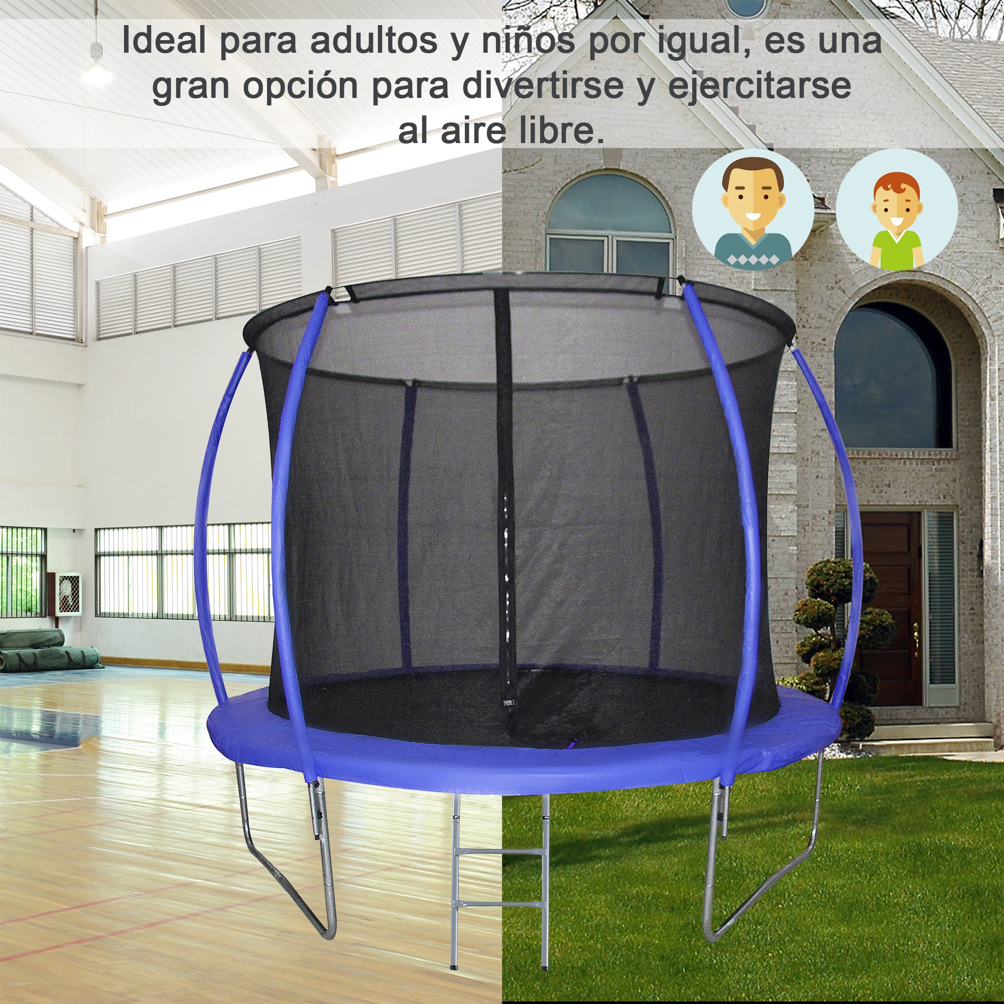 Trampolim de Jardim Φ244cm Azul para Crianças e Adultos com Rede de Segurança e Escada