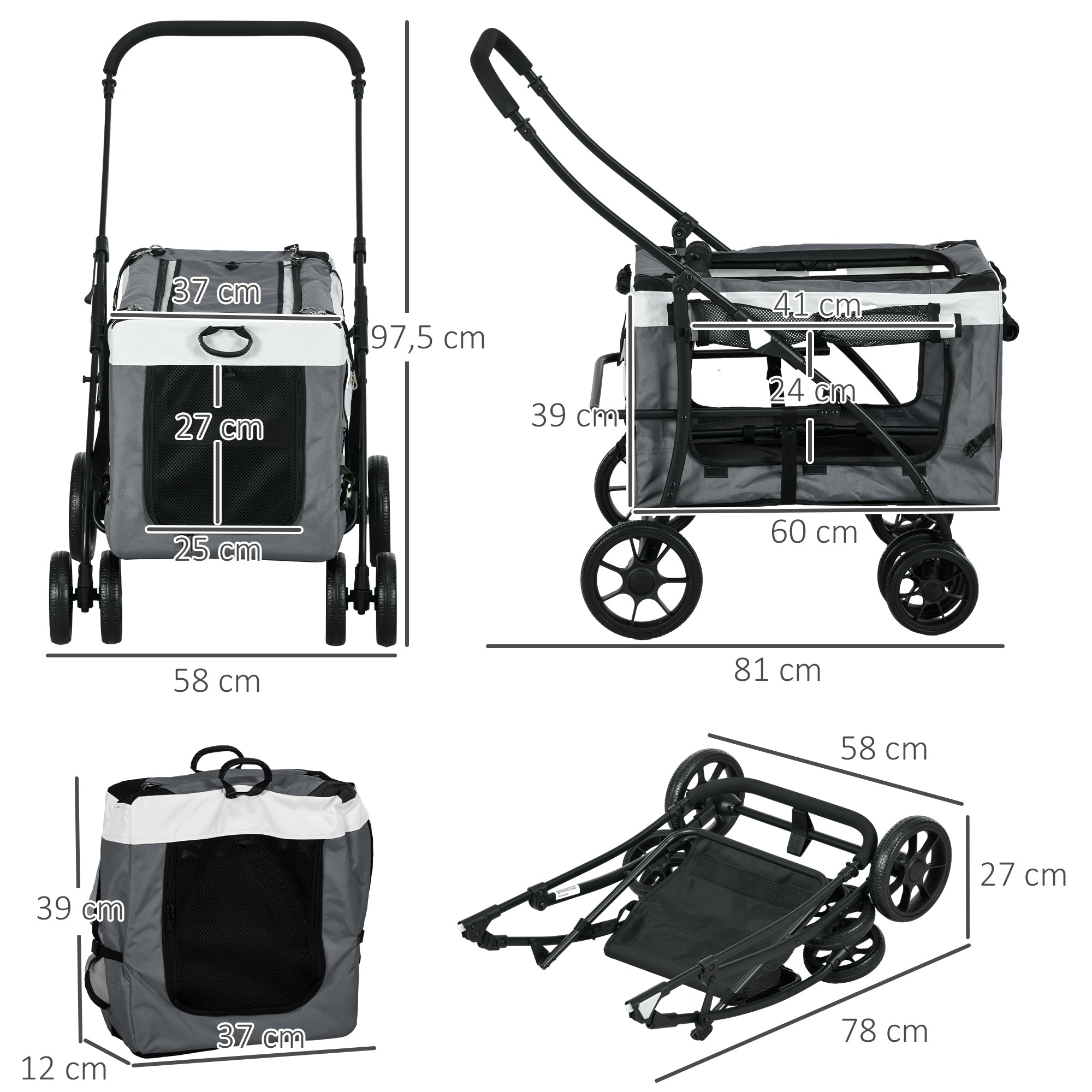 Carrinho para Cães Dobrável – 81x58x97,5 cm – Cinzento – Tecido Oxford