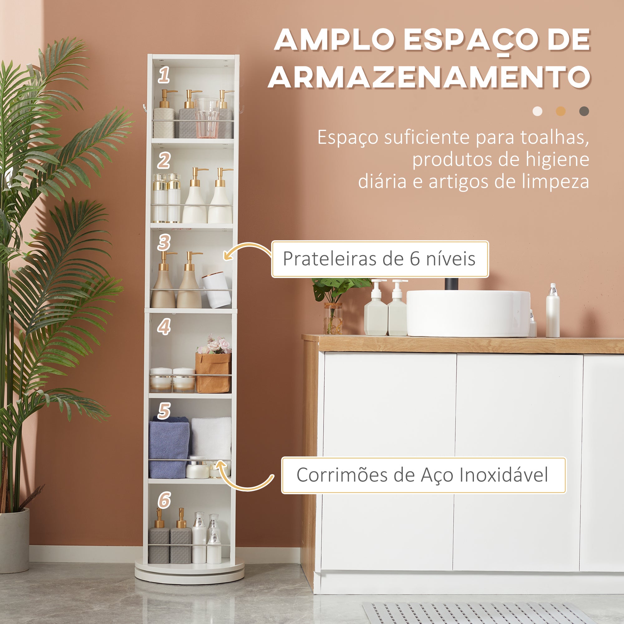Armário Alto de Casa de Banho Giratório Branco 36x36x171 cm