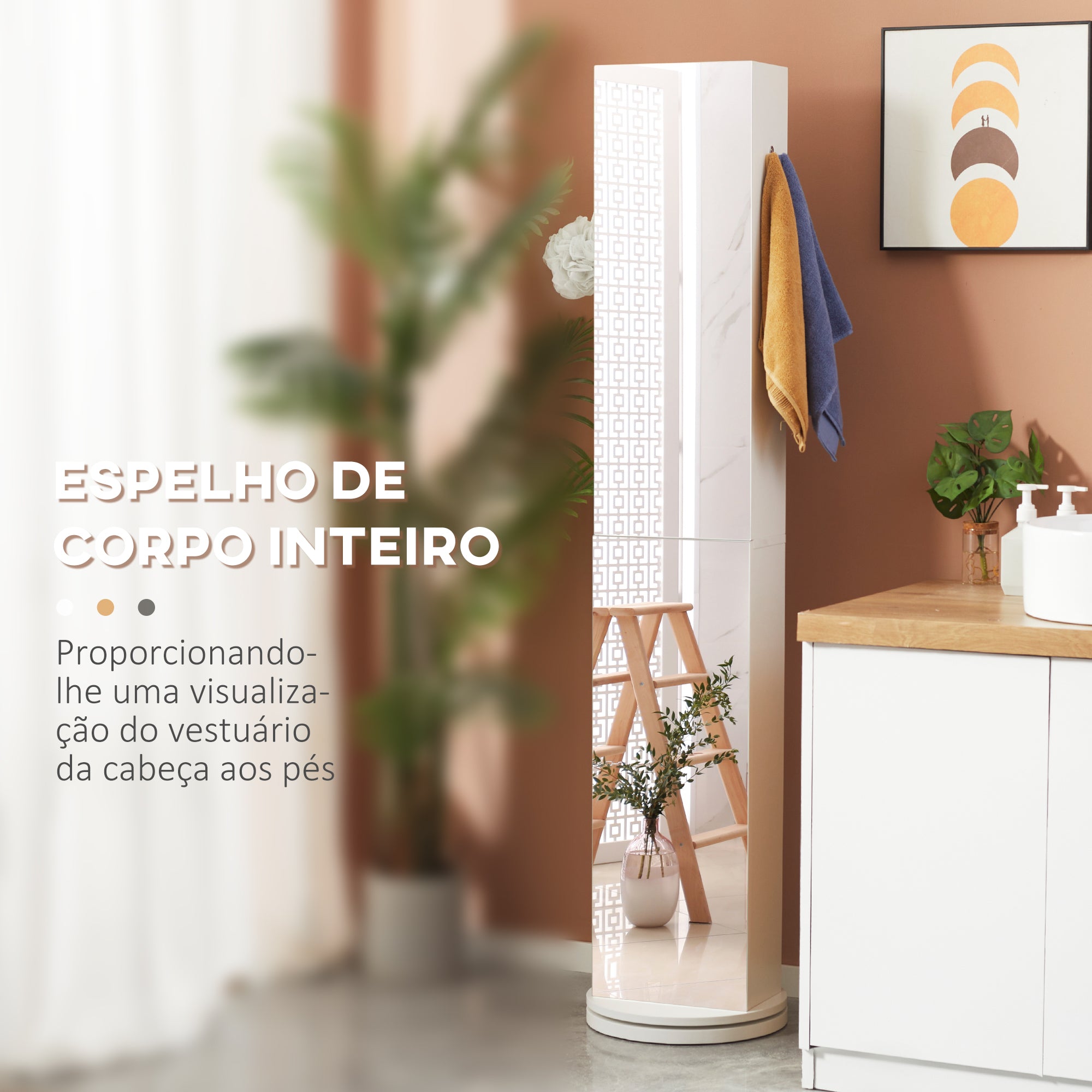 Armário Alto de Casa de Banho Giratório Branco 36x36x171 cm