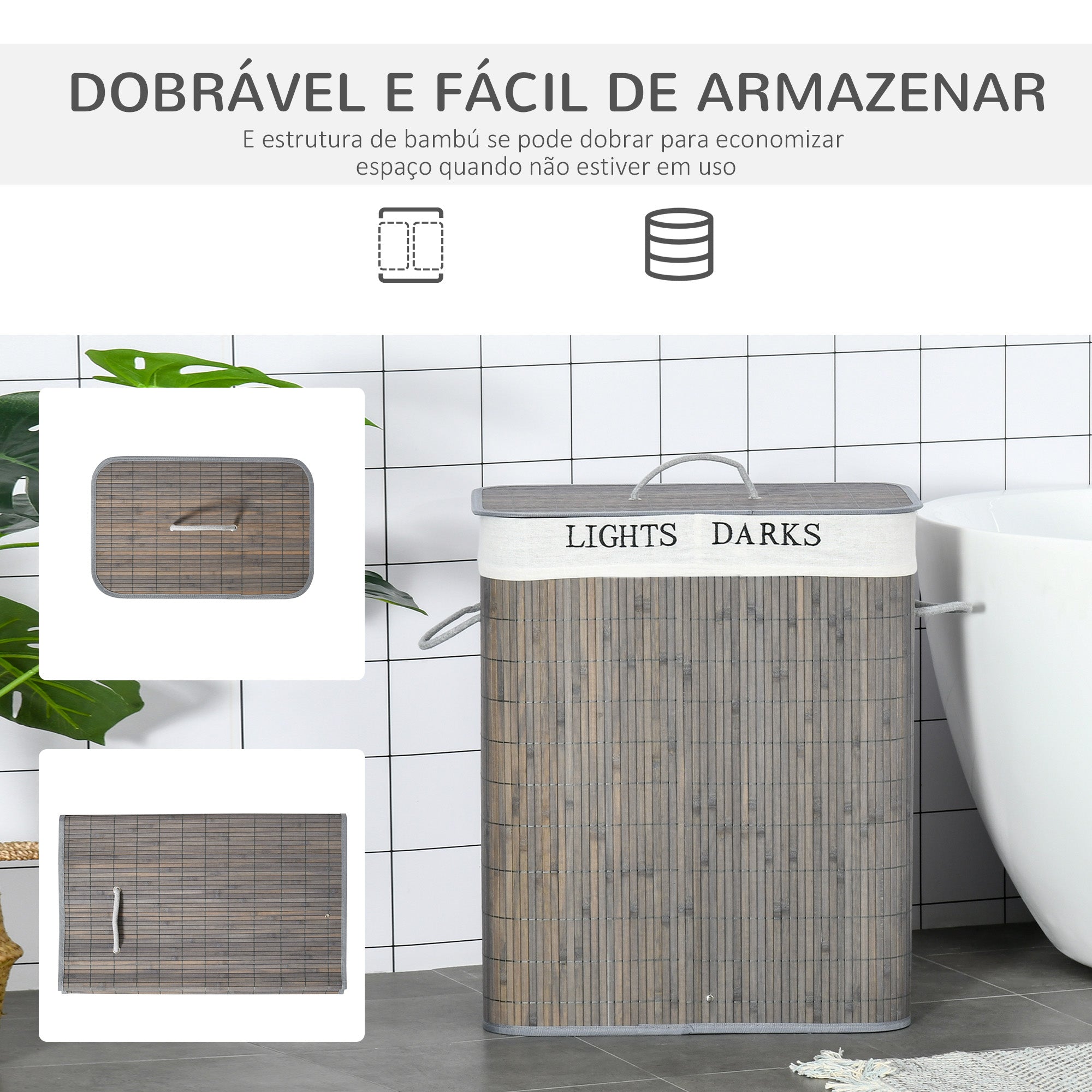 Cesto para Roupa Suja de Bambú 52x32x63 cm Cinzento