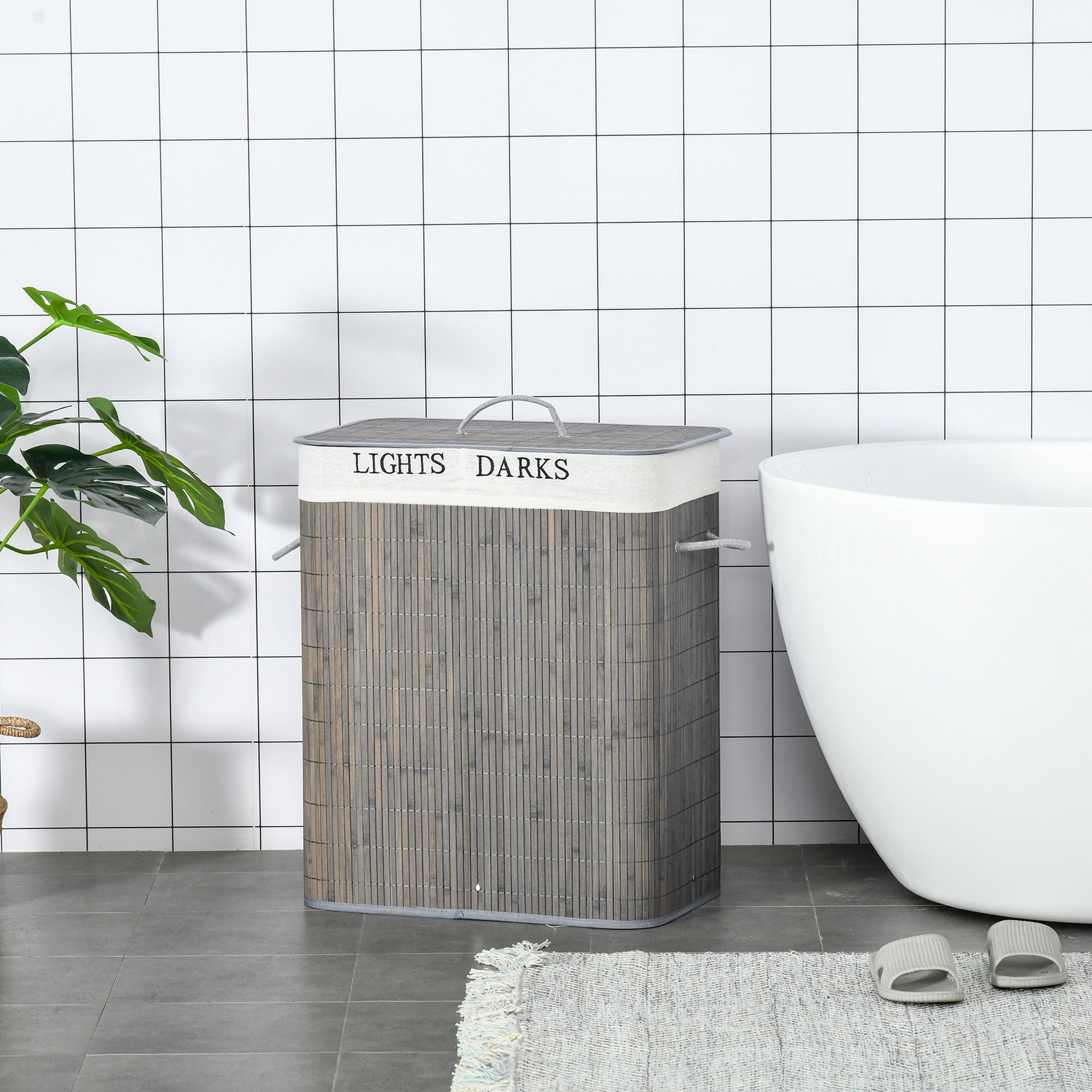 Cesto para Roupa Suja de Bambú 52x32x63 cm Cinzento