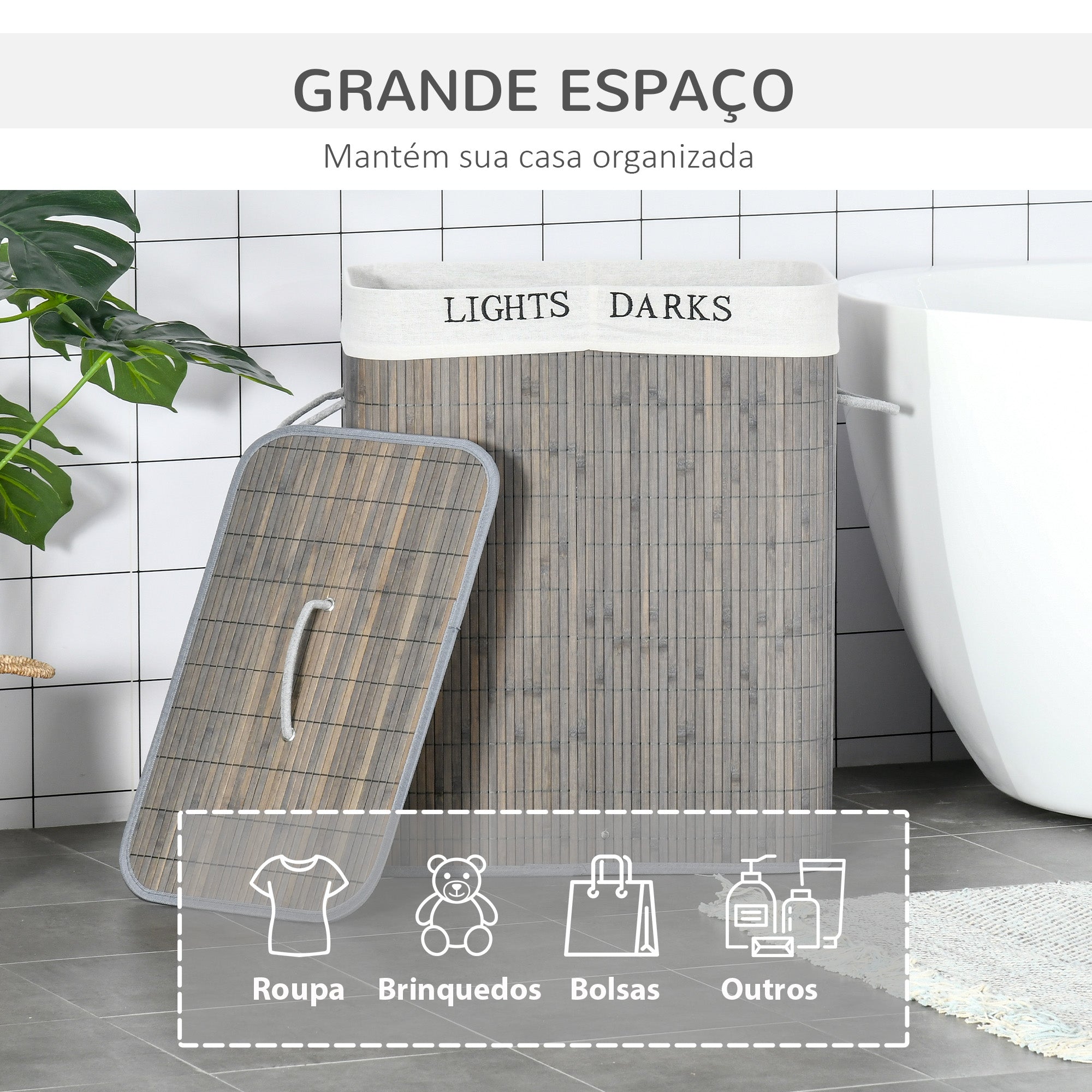Cesto para Roupa Suja de Bambú 52x32x63 cm Cinzento