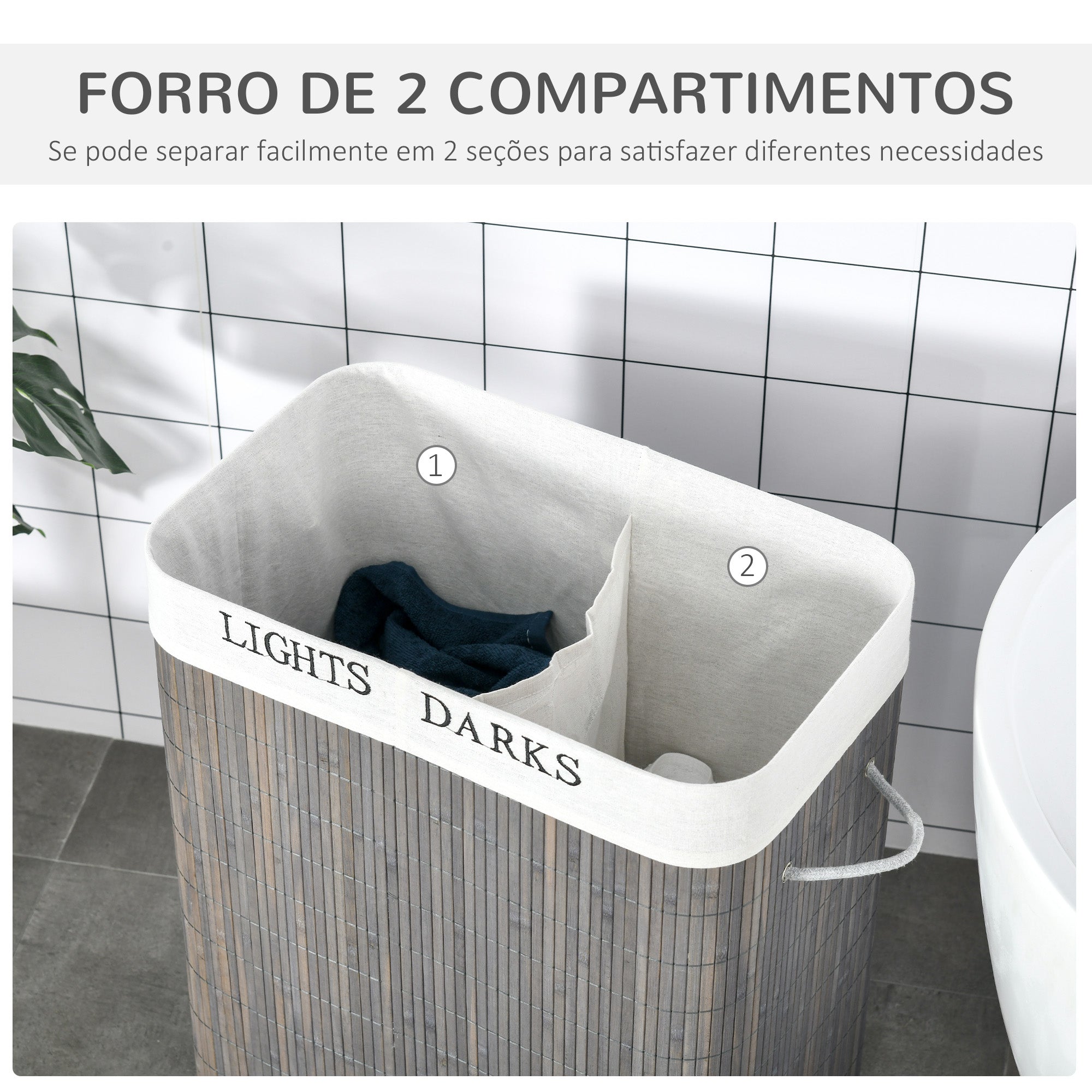 Cesto para Roupa Suja de Bambú 52x32x63 cm Cinzento
