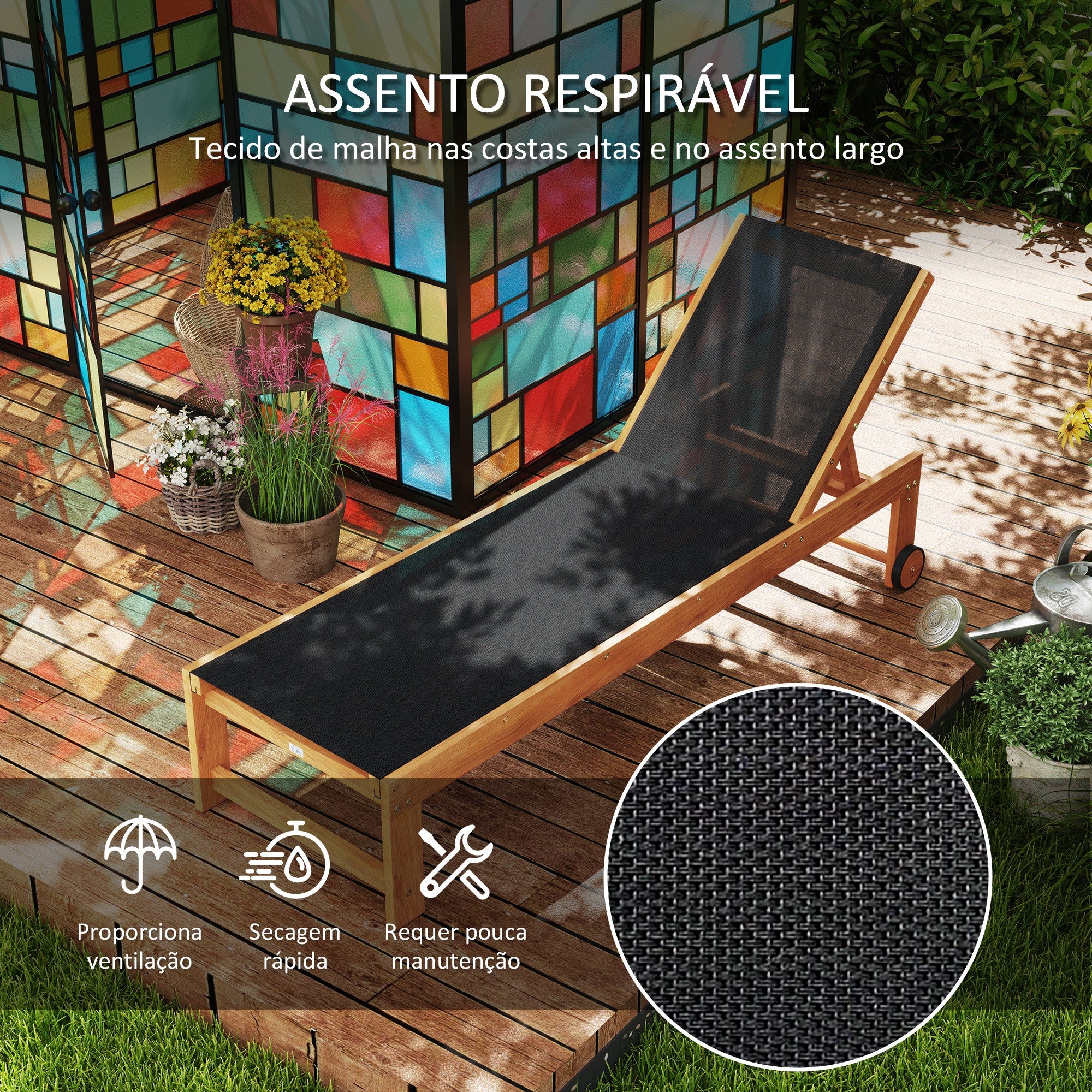 Espreguiçadeira de Jardim – 186x60x33 cm – Preto – Madeira de acácia