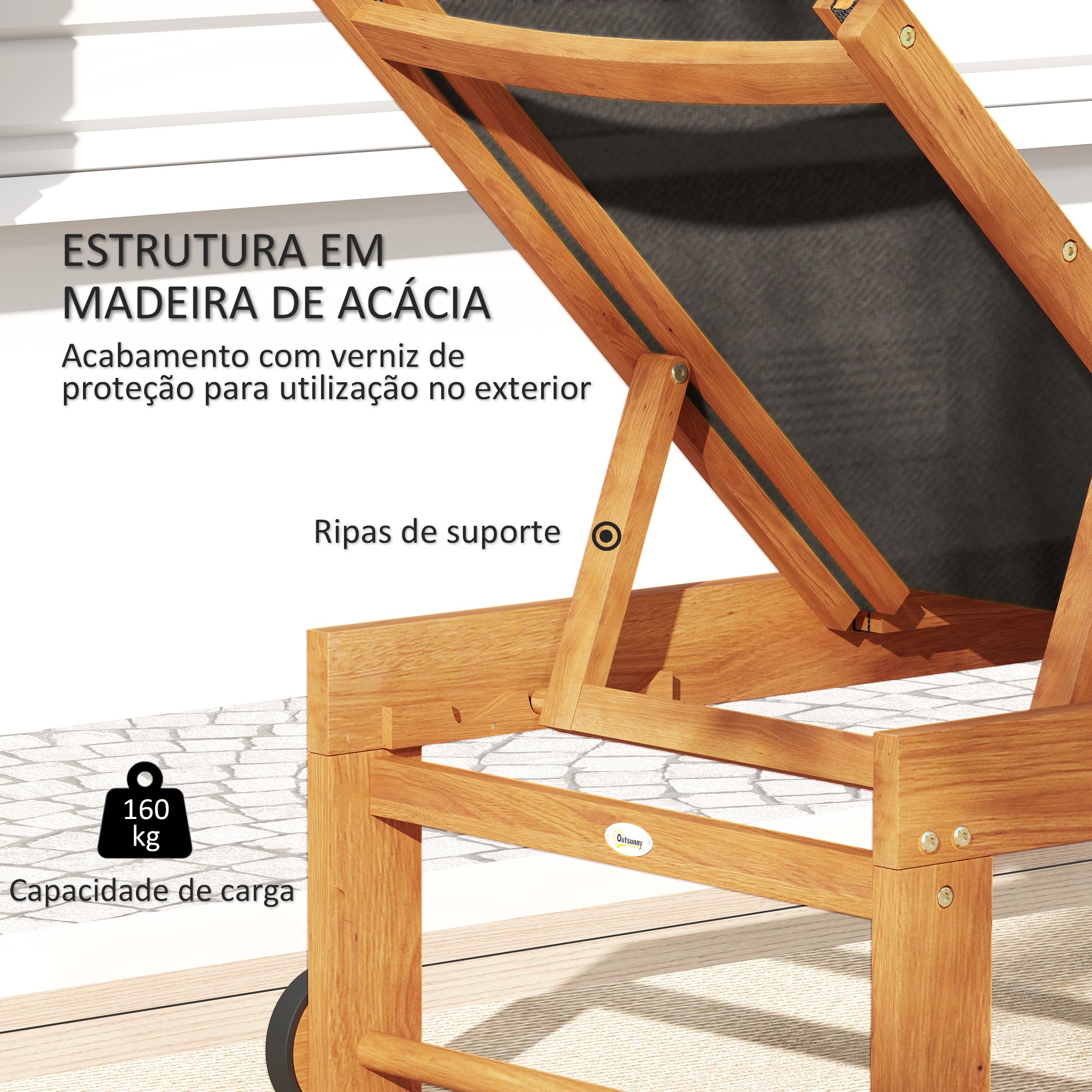 Espreguiçadeira de Jardim – 186x60x33 cm – Preto – Madeira de acácia