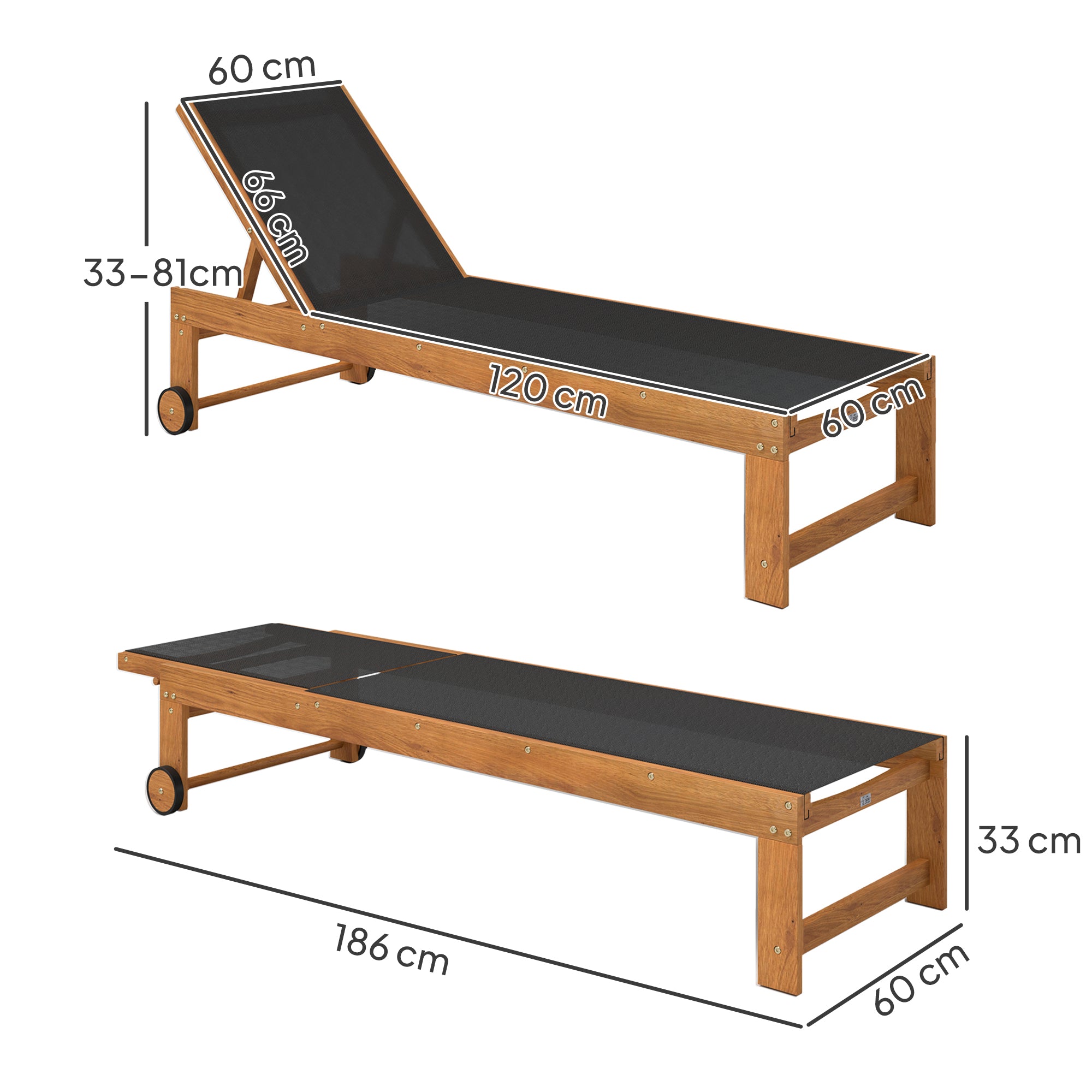 Espreguiçadeira de Jardim – 186x60x33 cm – Preto – Madeira de acácia