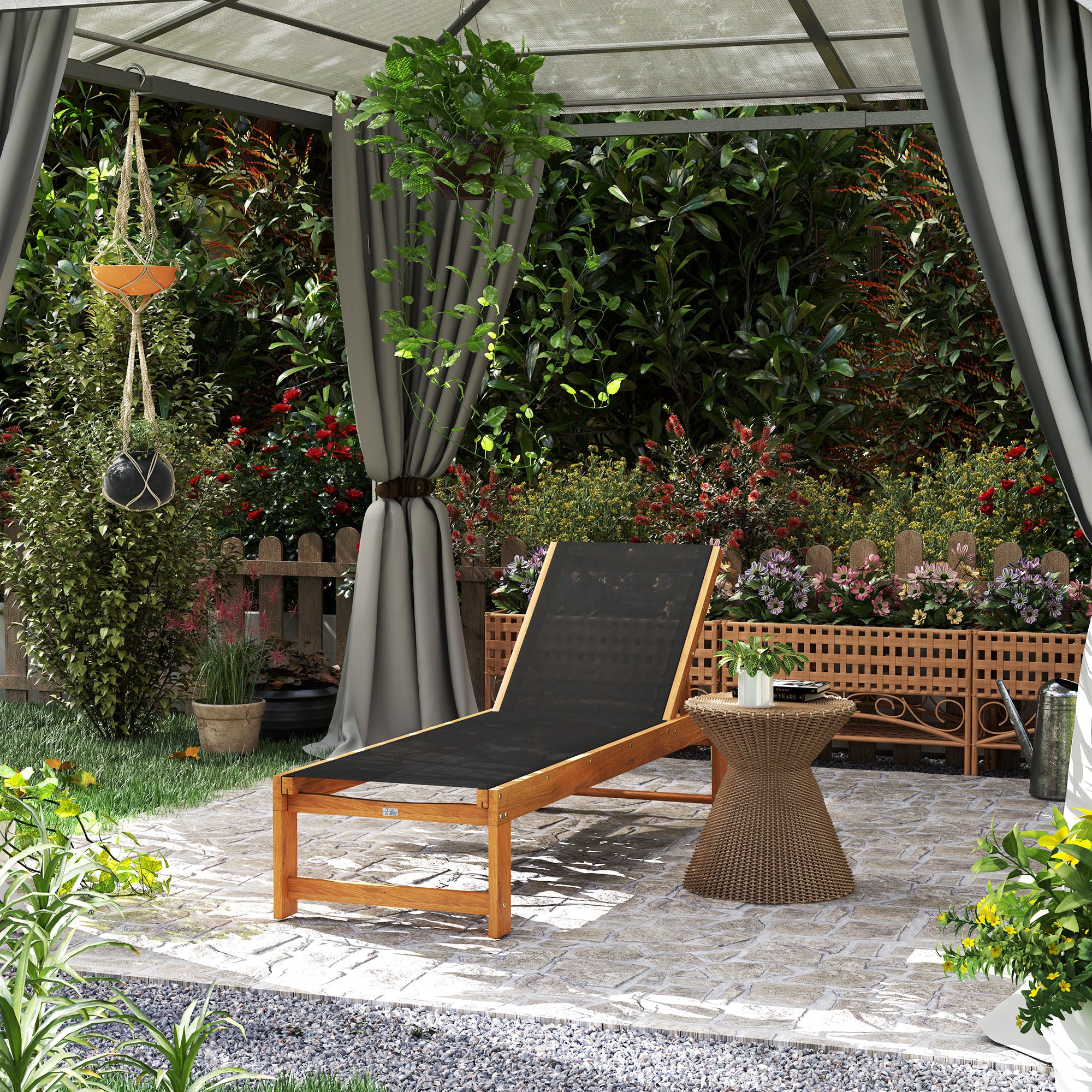 Espreguiçadeira de Jardim – 186x60x33 cm – Preto – Madeira de acácia