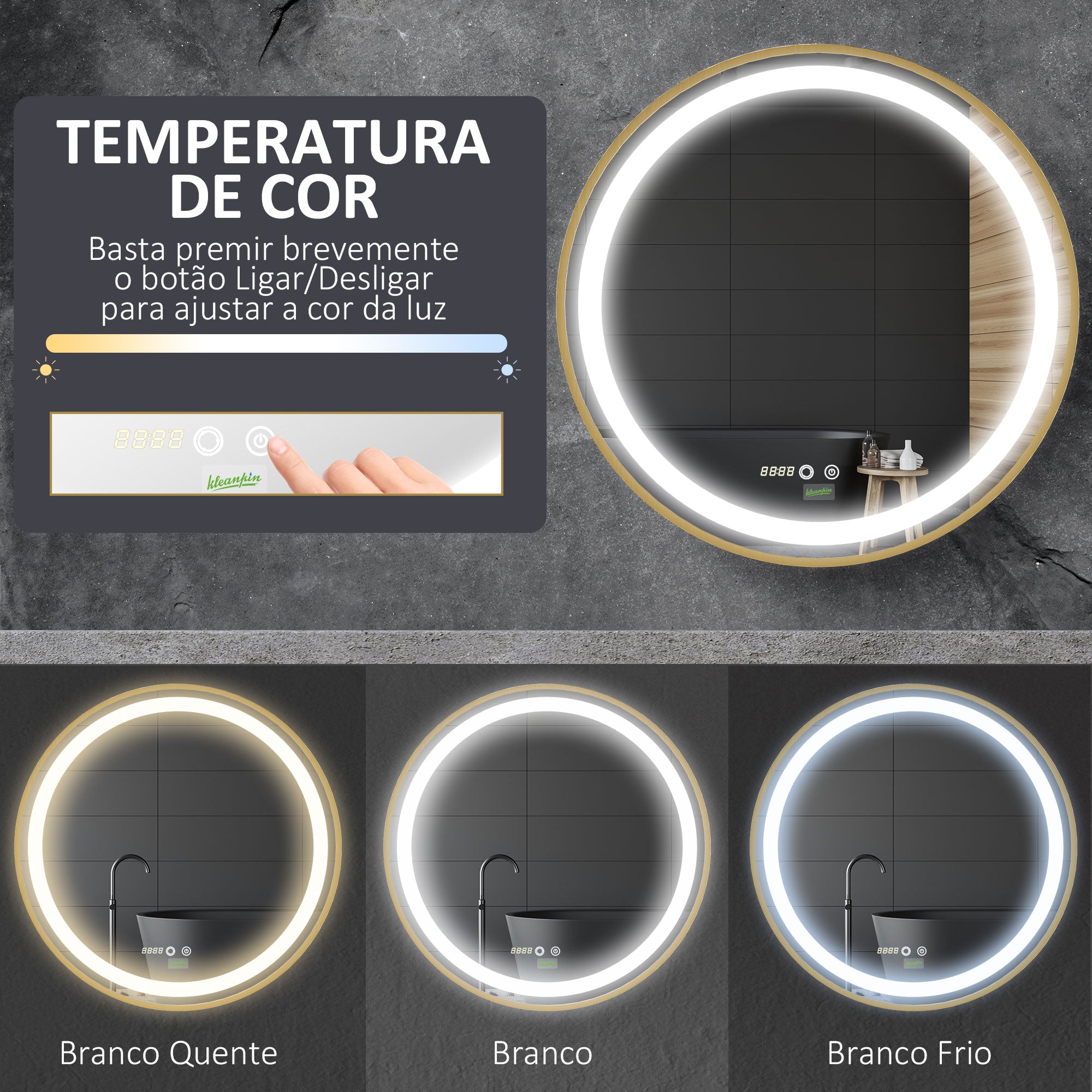 Espelho de Casa de Banho com Luz LED Ø60x4cm - Ouro
