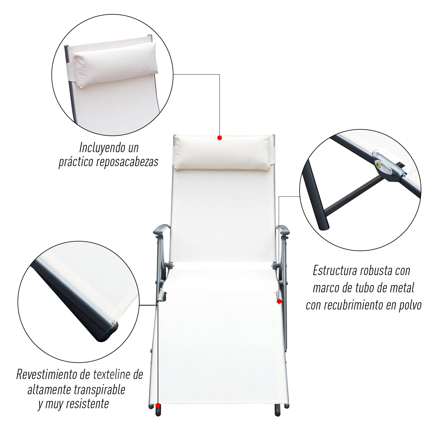 Espreguiçadeira Dobrável de Jardim 137x63,5x100,5cm - Cor Creme Branco