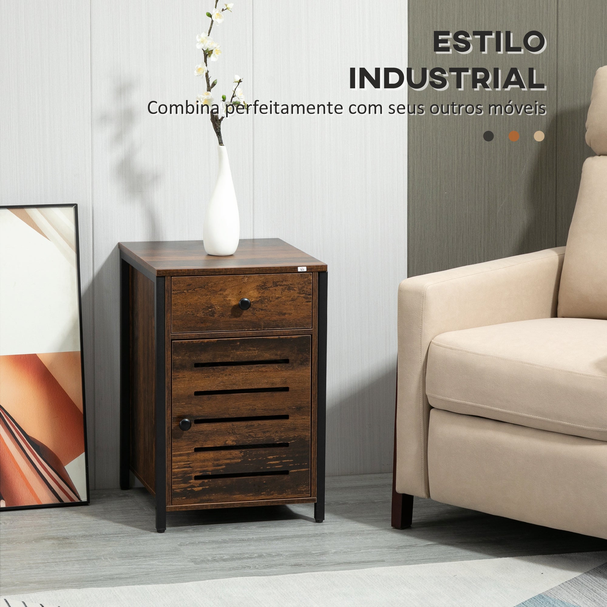 Mesa de Cabeceira Estilo Industrial 40x40x60cm - Marrom