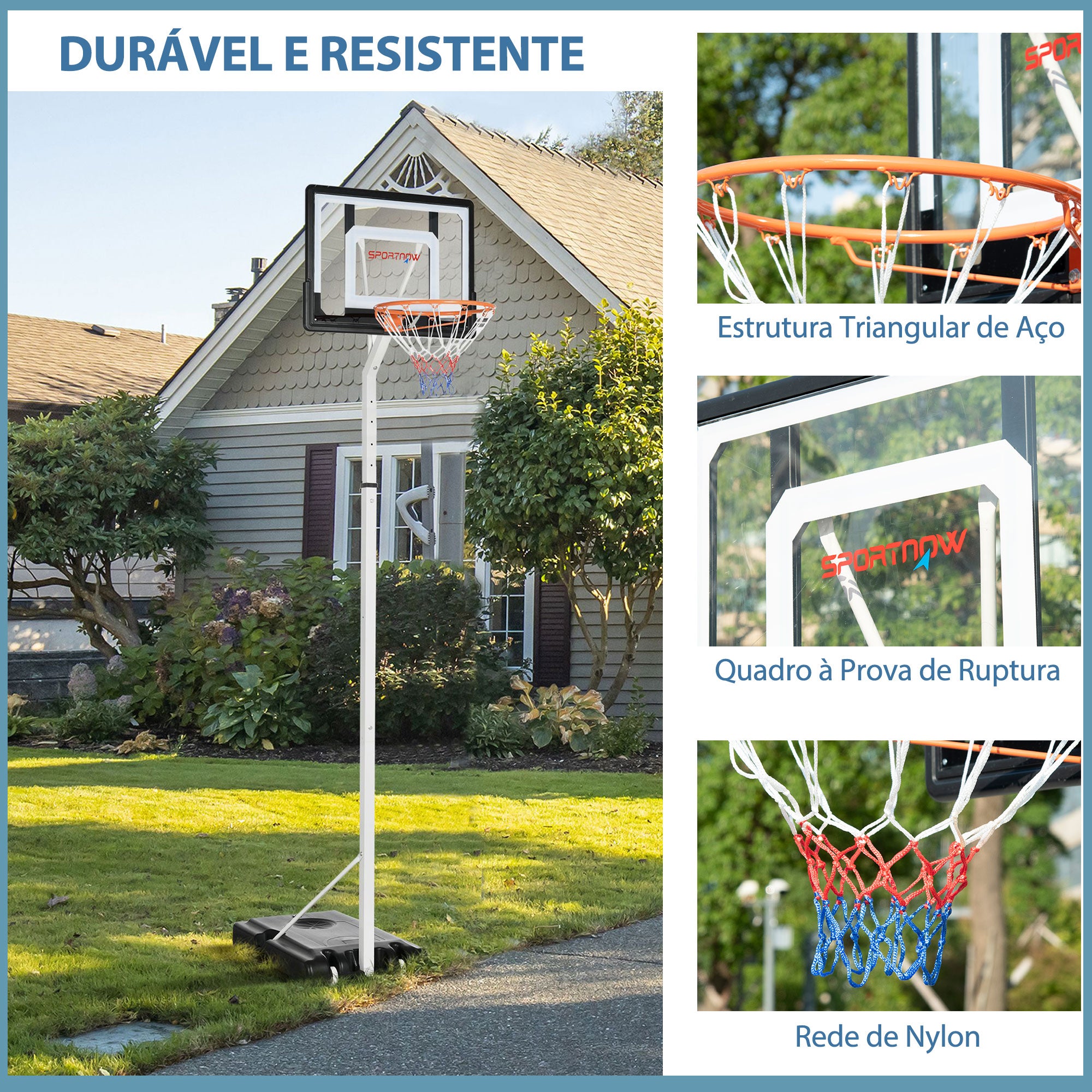 Tabela de Basquetebol – 260-305cm – Preto, Branco e Laranja – Aço e PVC