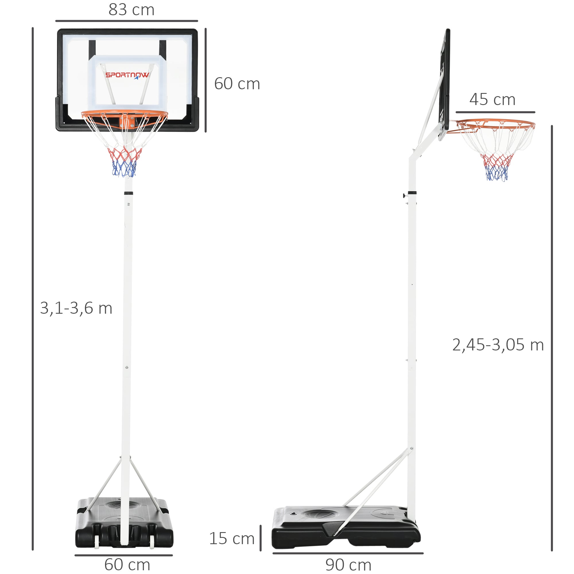 Tabela de Basquetebol – 260-305cm – Preto, Branco e Laranja – Aço e PVC