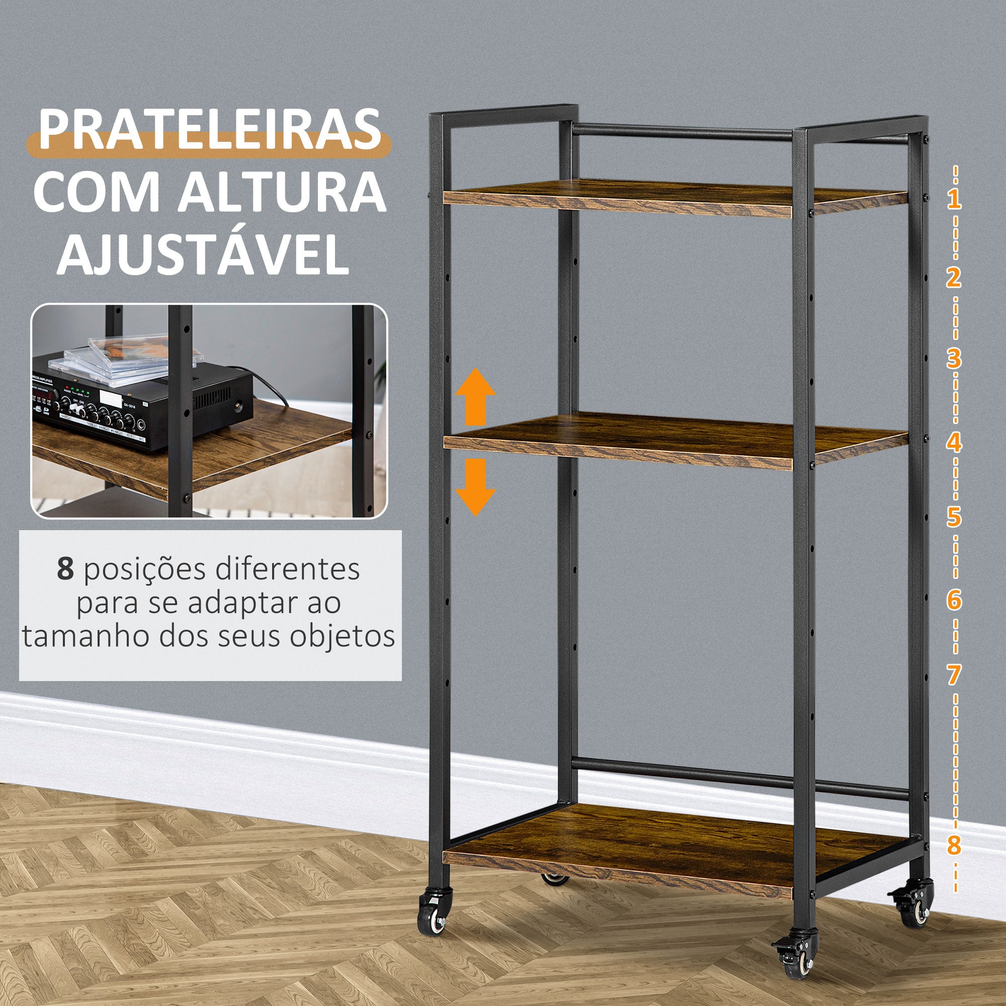 Estante Multifuncional com Rodas – 50x35x100,5cm – Castanho Rústico – Aço e Melamina de Madeira