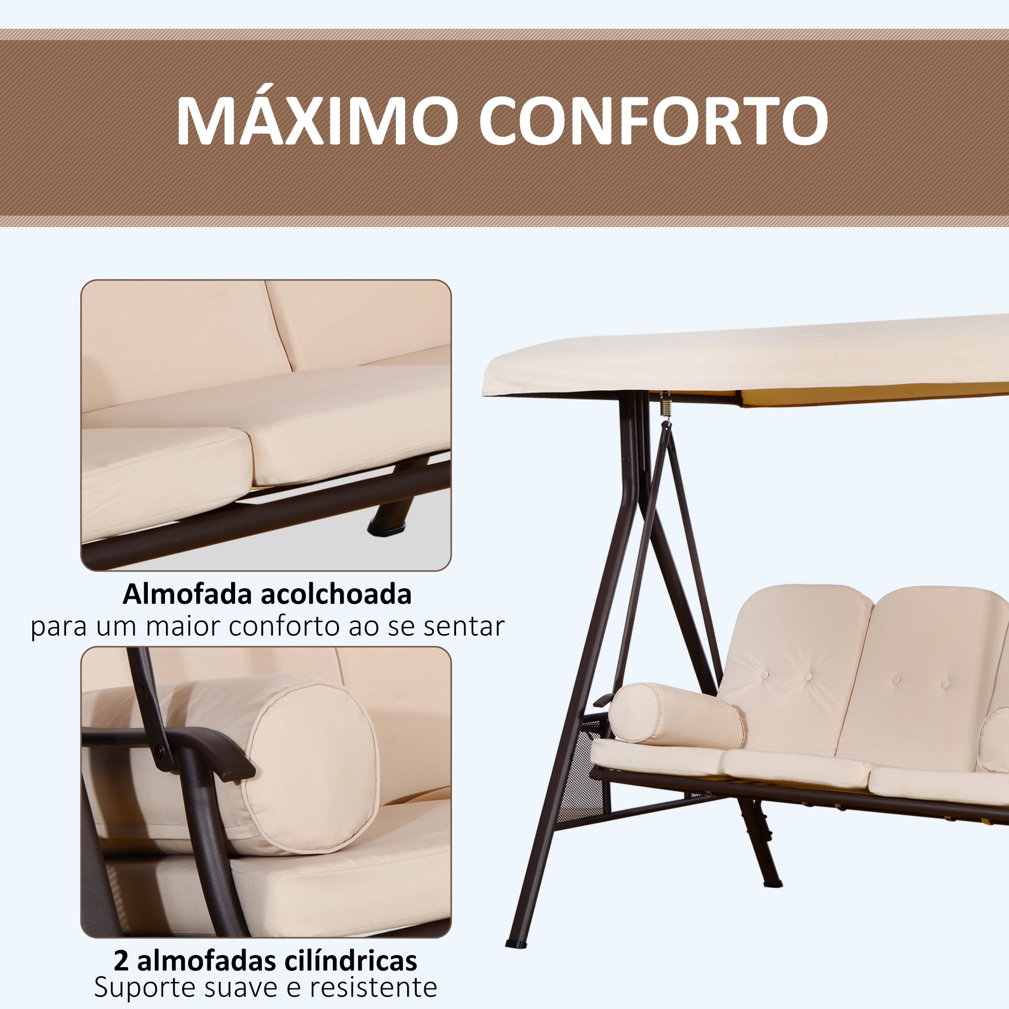 Banco Baloiço de Jardim 3 Lugares Bege 207x120,5x174cm