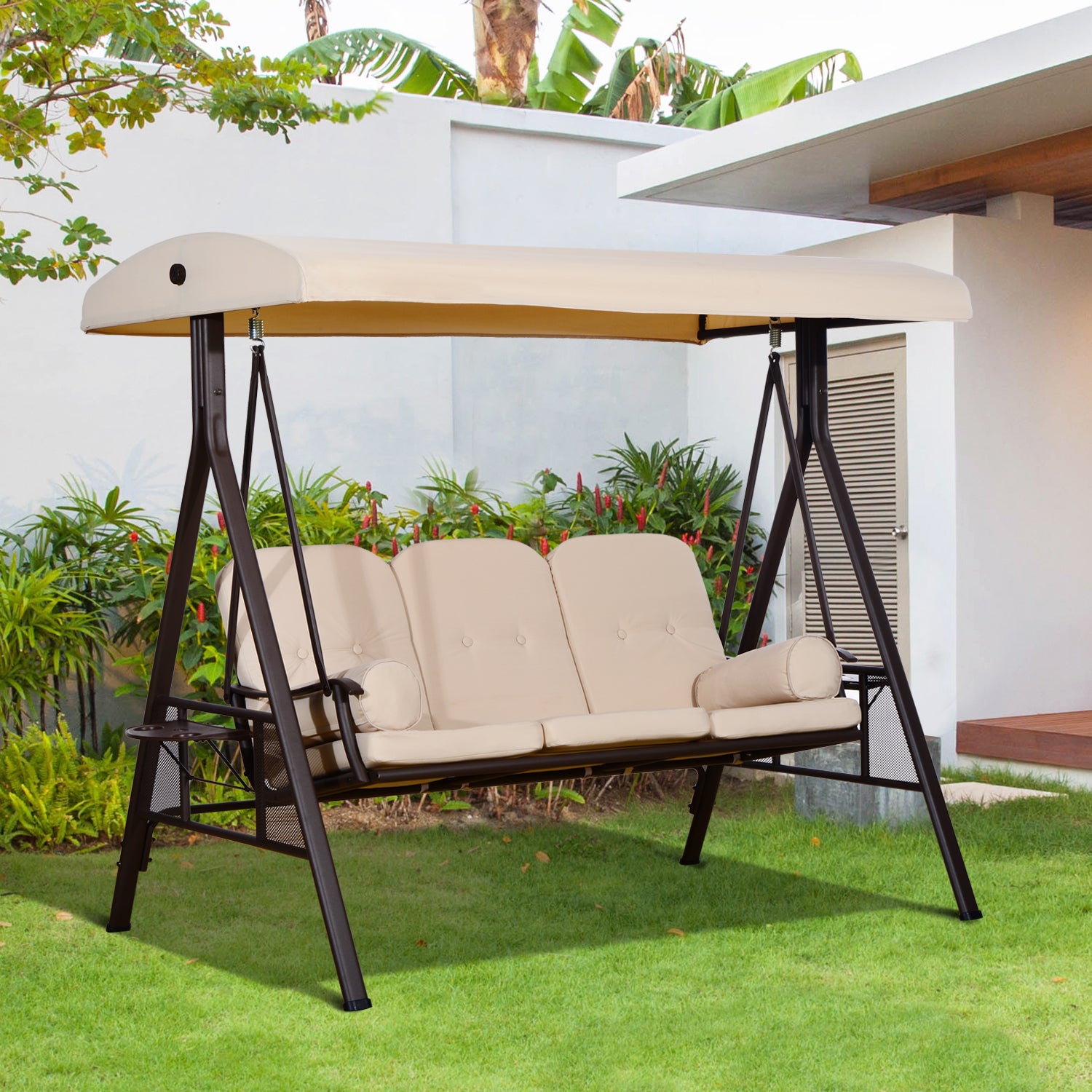 Banco Baloiço de Jardim 3 Lugares Bege 207x120,5x174cm