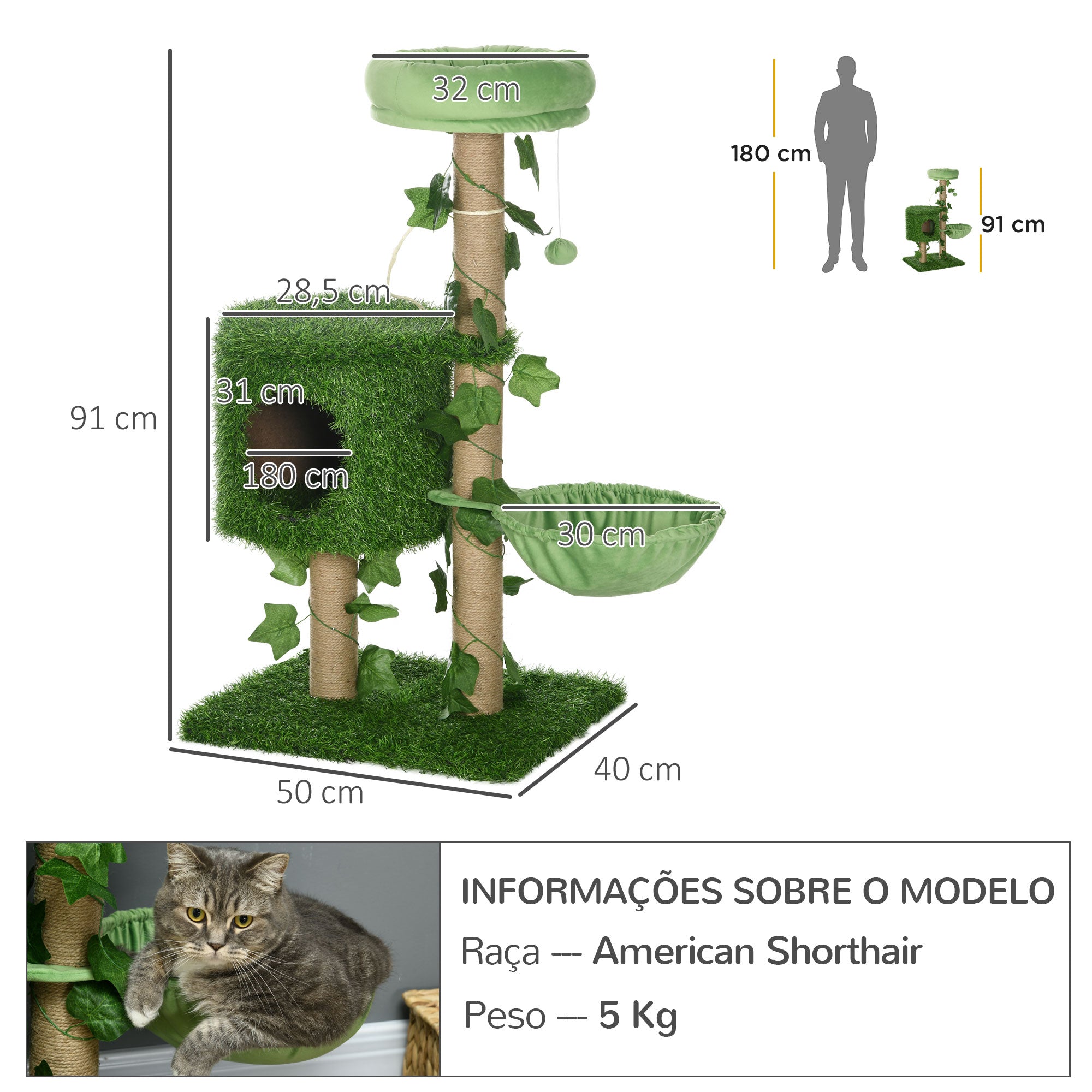 Arranhador para Gatos 50x40x91 cm Verde