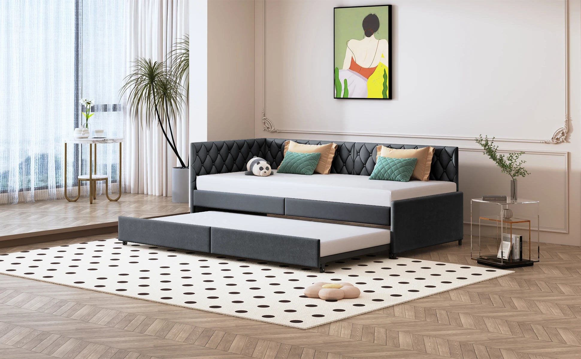 Sofá-Cama Rosahqnda Estofado 90x200 cm com Cama Extraível – Cinza – Estrutura com Estrado de Ripas