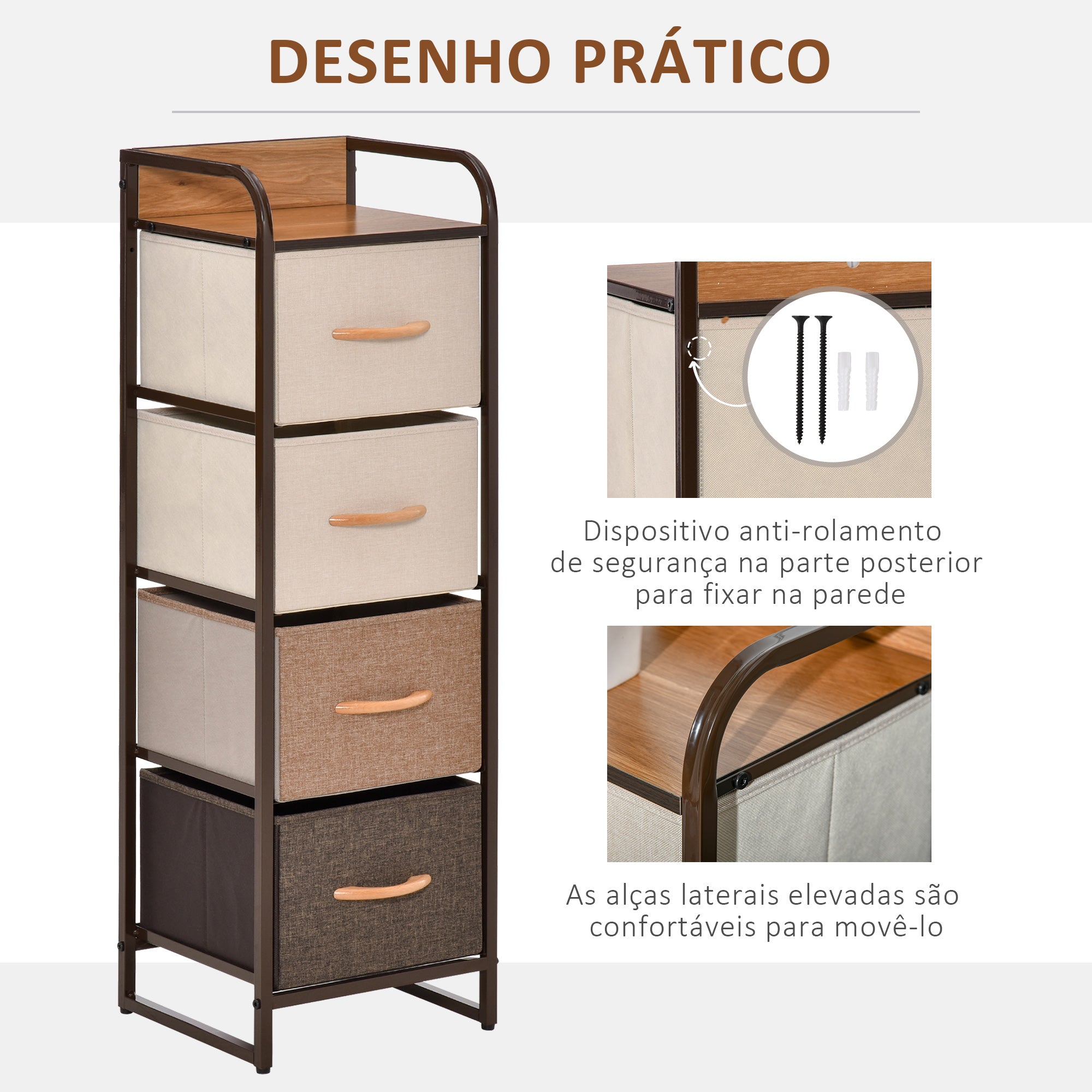 Cómoda de Tecido com 4 Cestos Removíveis e Dobráveis 31x29x99cm - Creme, Café e Marrom