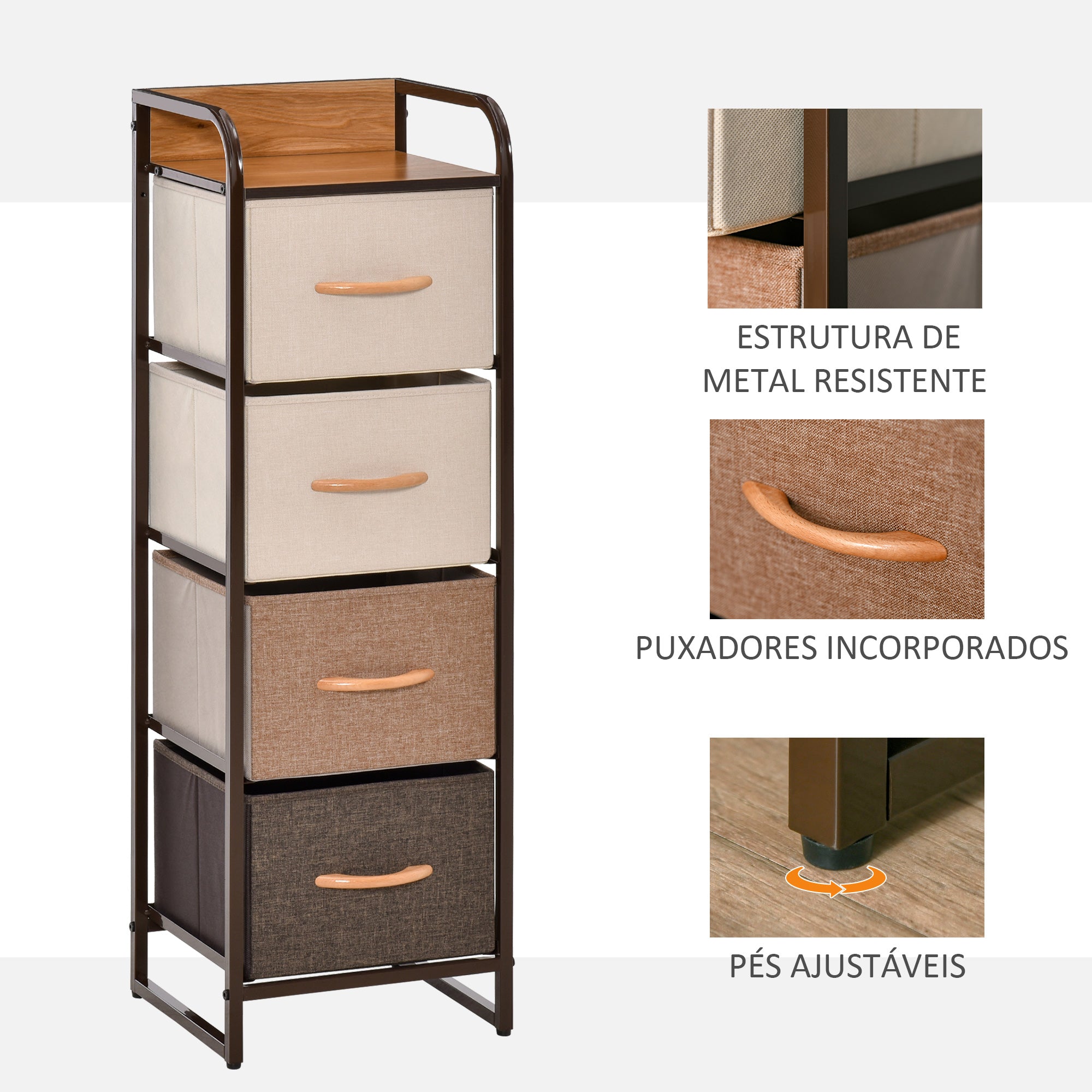 Cómoda de Tecido com 4 Cestos Removíveis e Dobráveis 31x29x99cm - Creme, Café e Marrom