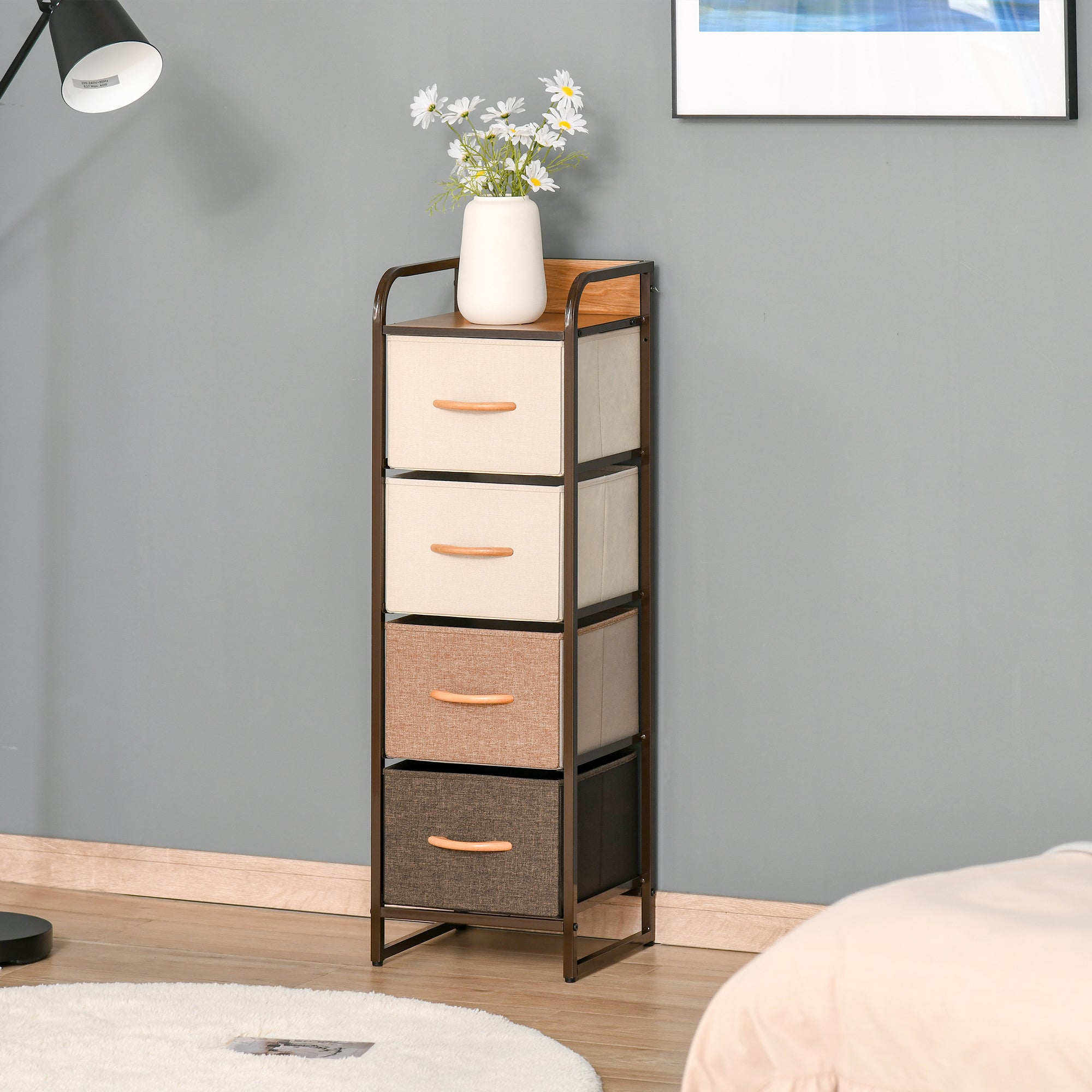 Cómoda de Tecido com 4 Cestos Removíveis e Dobráveis 31x29x99cm - Creme, Café e Marrom