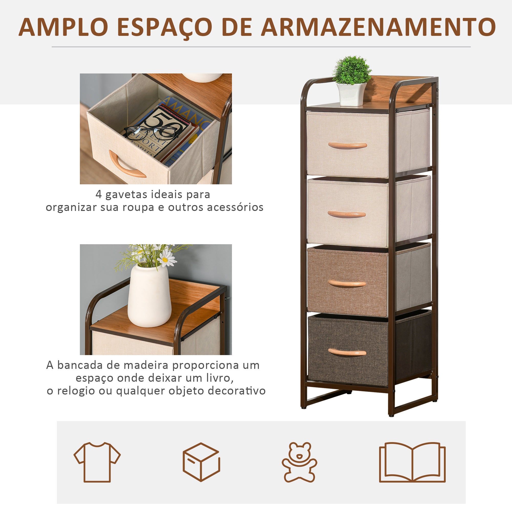 Cómoda de Tecido com 4 Cestos Removíveis e Dobráveis 31x29x99cm - Creme, Café e Marrom