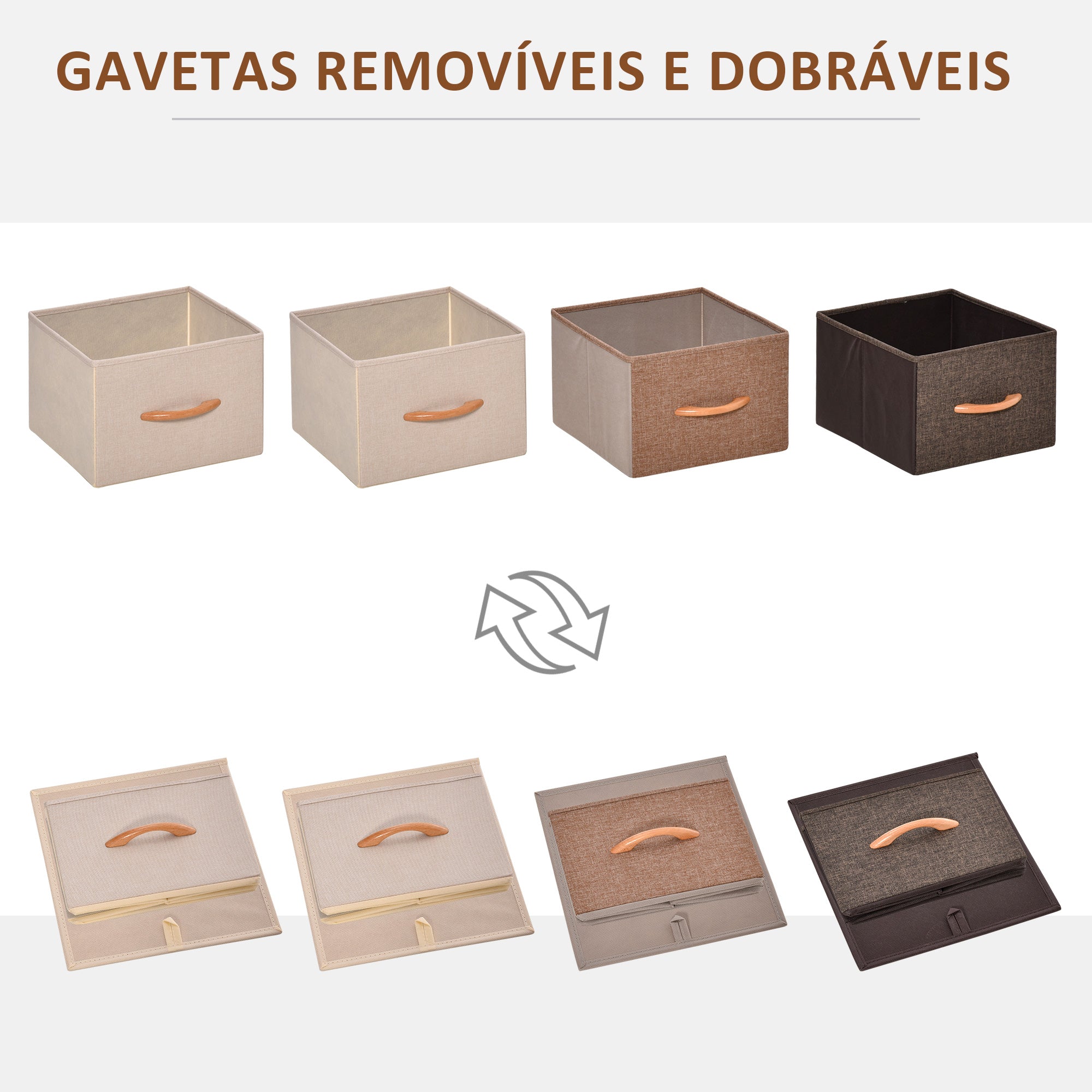 Cómoda de Tecido com 4 Cestos Removíveis e Dobráveis 31x29x99cm - Creme, Café e Marrom