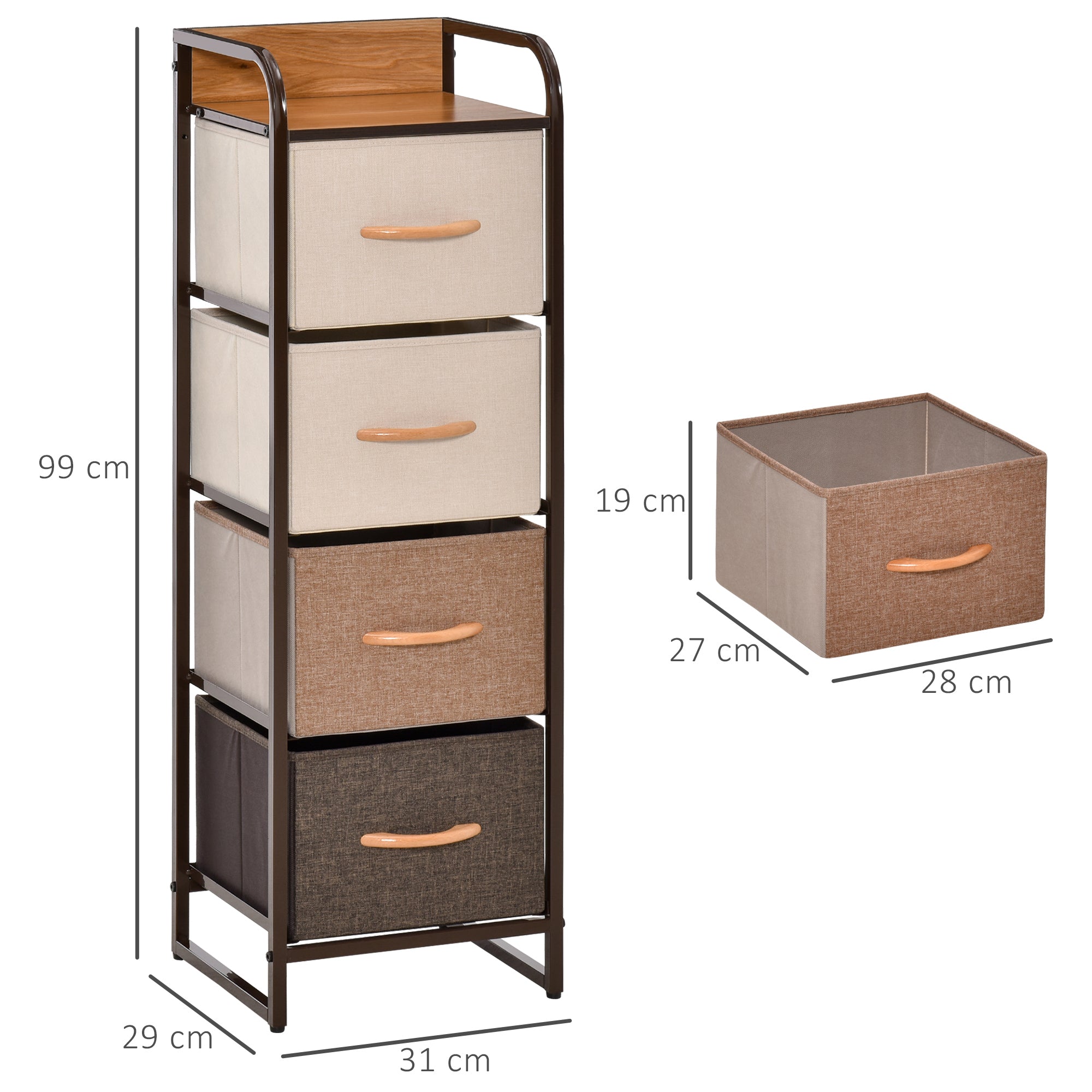 Cómoda de Tecido com 4 Cestos Removíveis e Dobráveis 31x29x99cm - Creme, Café e Marrom