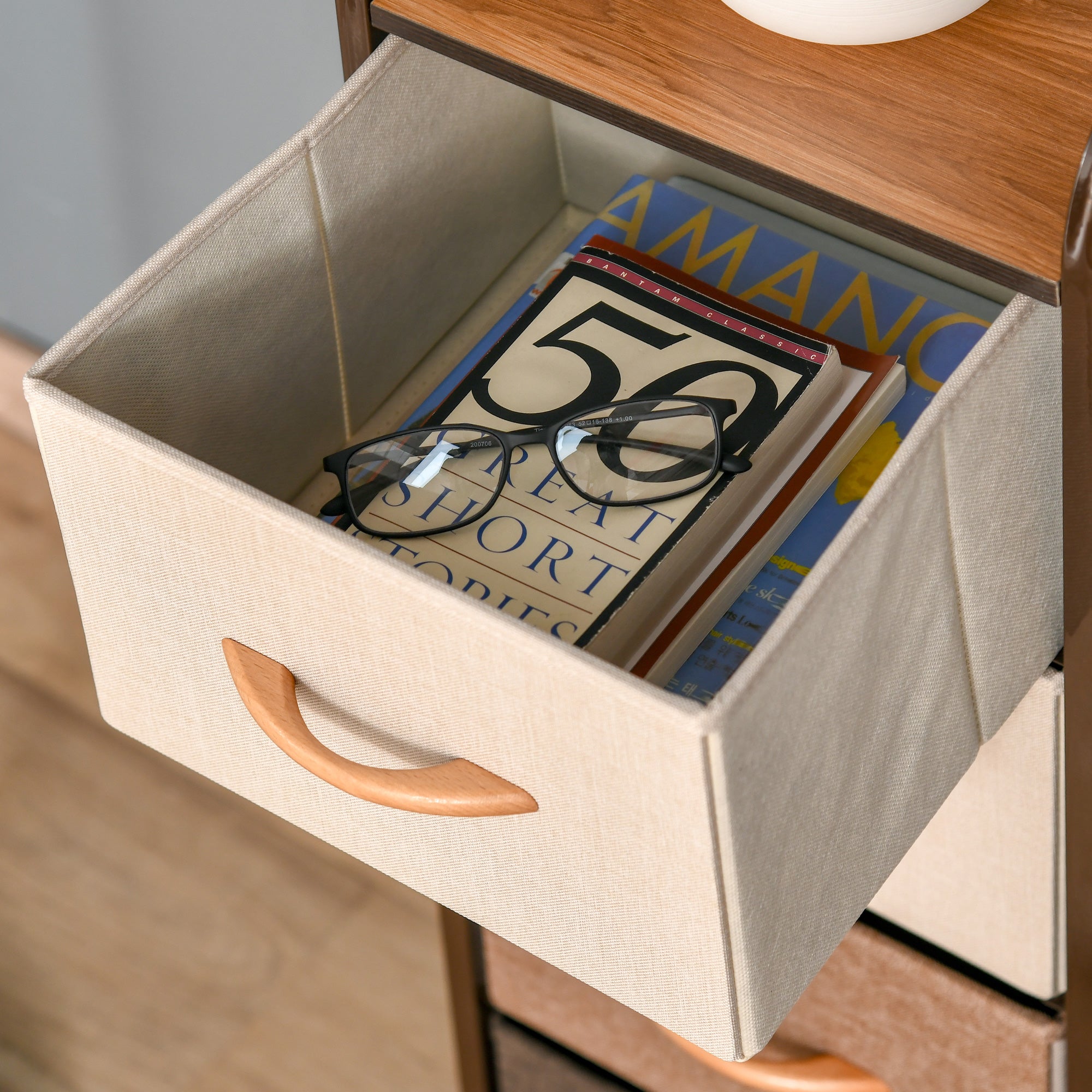 Cómoda de Tecido com 4 Cestos Removíveis e Dobráveis 31x29x99cm - Creme, Café e Marrom