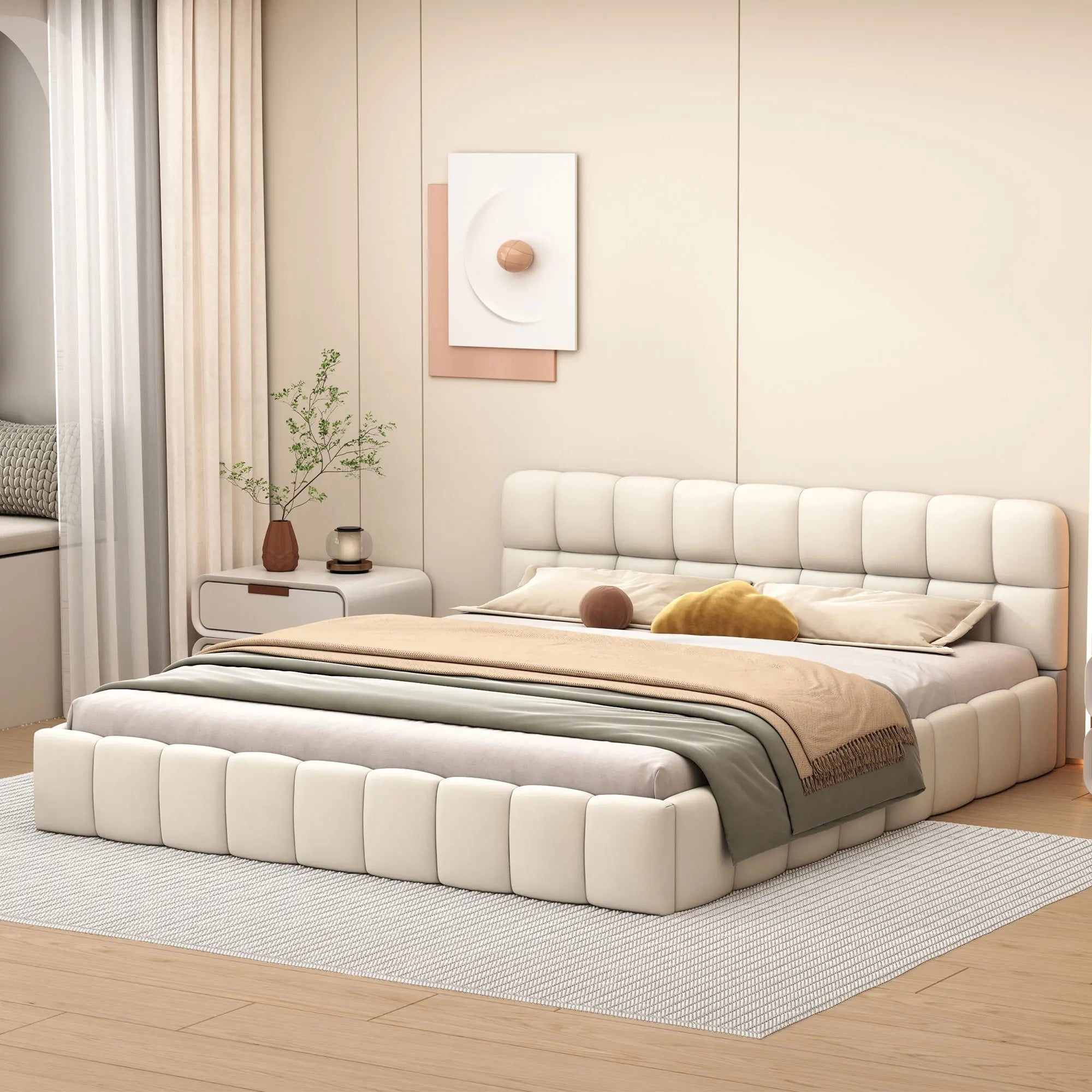 Cama Estofada Rosahqnda em Linho com Cabeceira Acolchoada – 140x190 cm – Bege – Estrutura com Estrado de Ripas