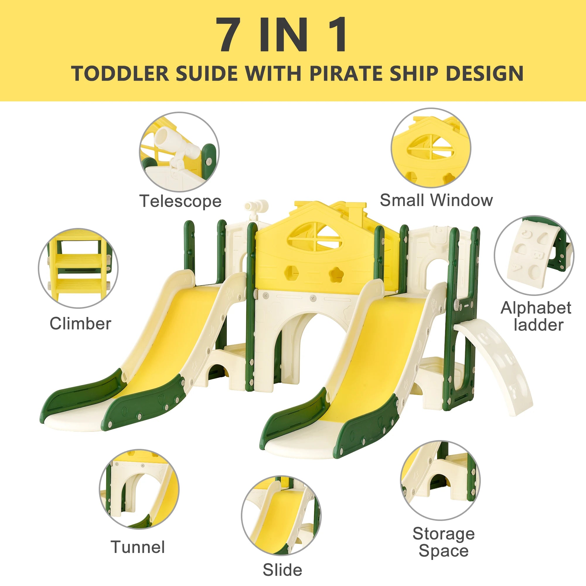 Parque Infantil 7 em 1 com Parque de Brincadeiras – Uso Interior e Exterior – 193/203x166x96,5 cm – Amarelo