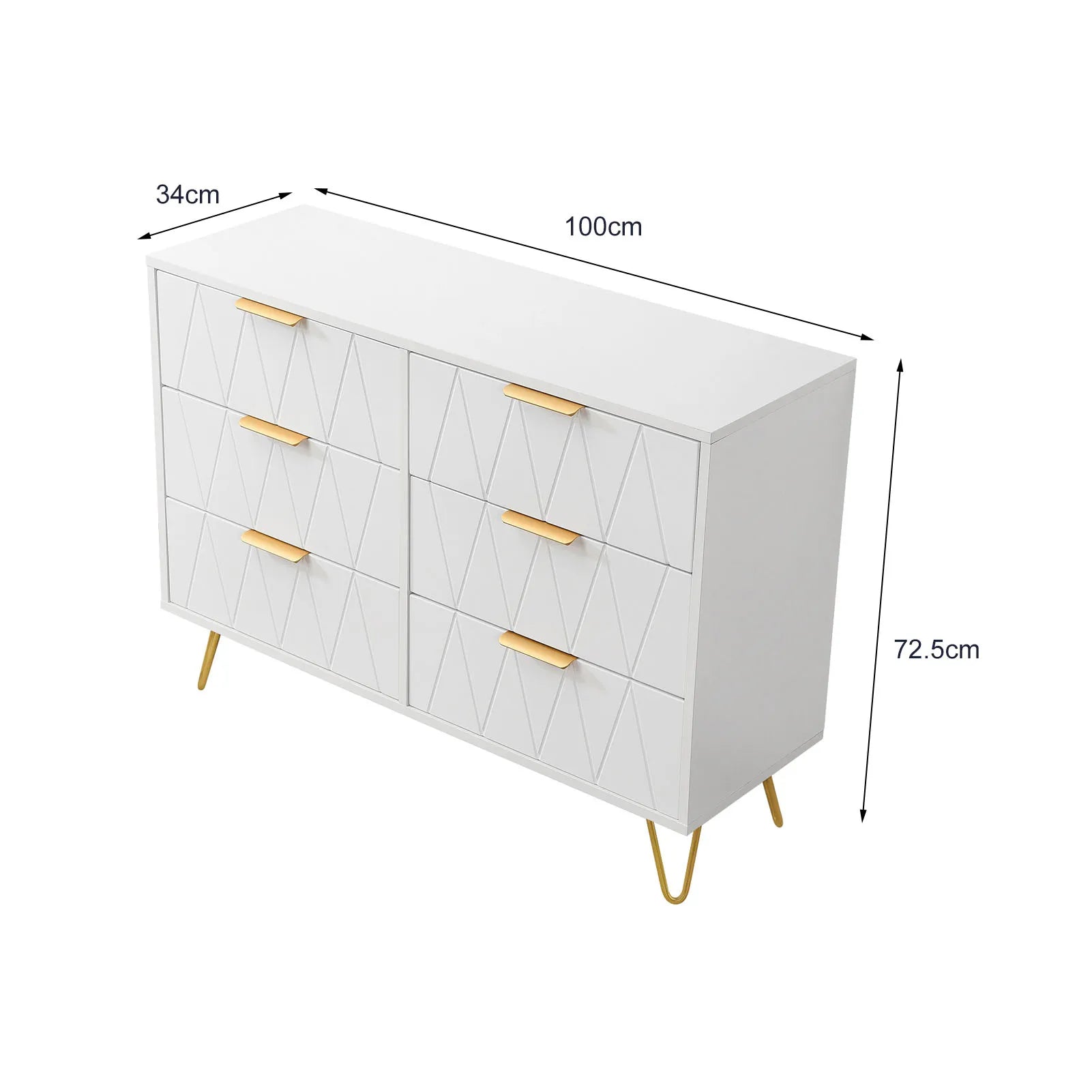 Cómoda Allia com 6 Gavetas – Branco – Estrutura em MDF com Pés Metálicos Dourados