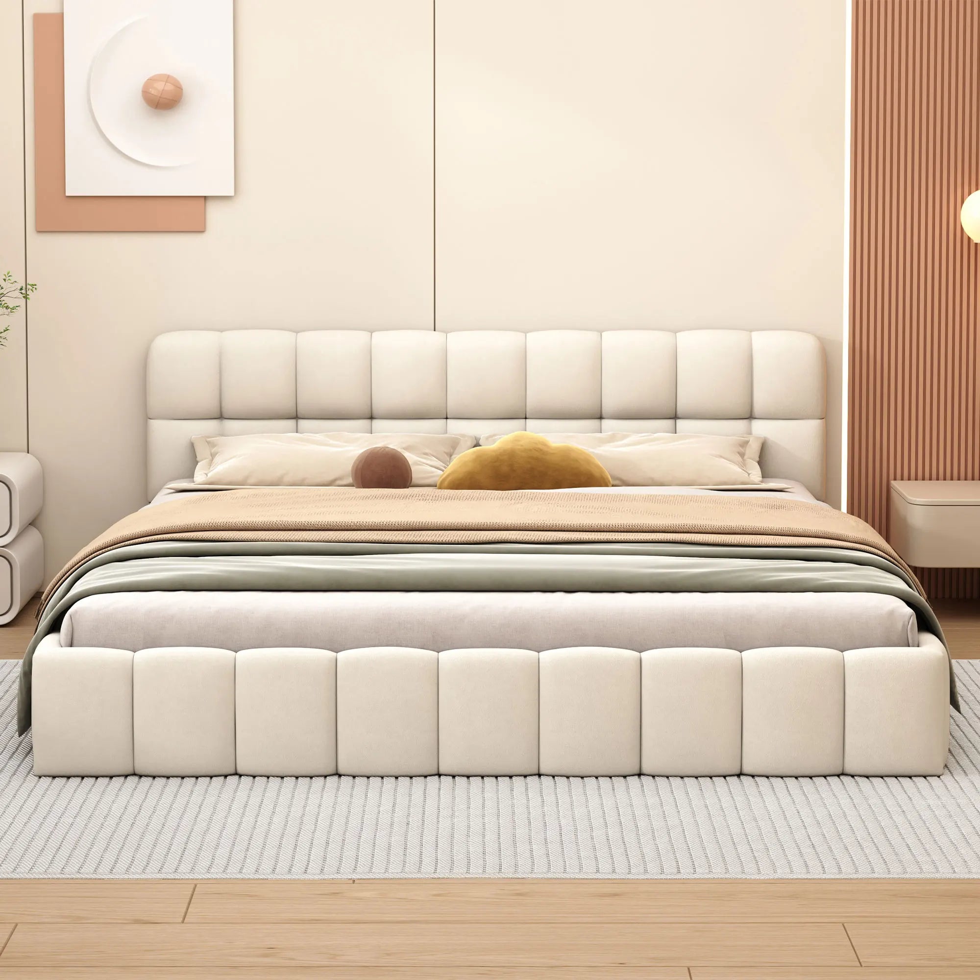 Cama Estofada Rosahqnda em Linho com Cabeceira Acolchoada – 140x190 cm – Bege – Estrutura com Estrado de Ripas