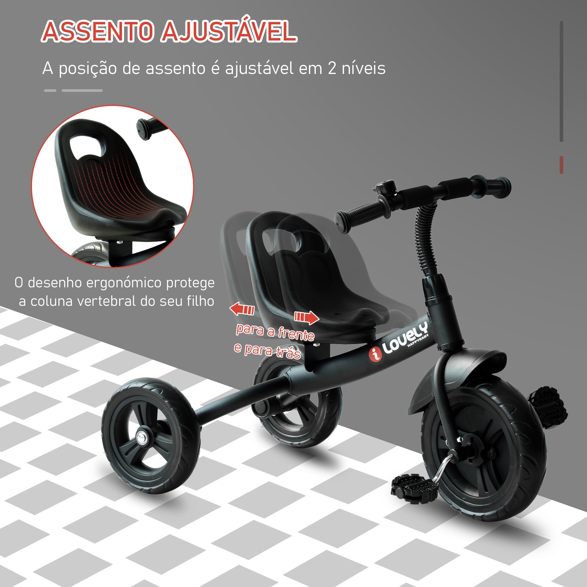 Triciclo Infantil Preto 79x50,5x58 cm com Protetor de Segurança e Campainha