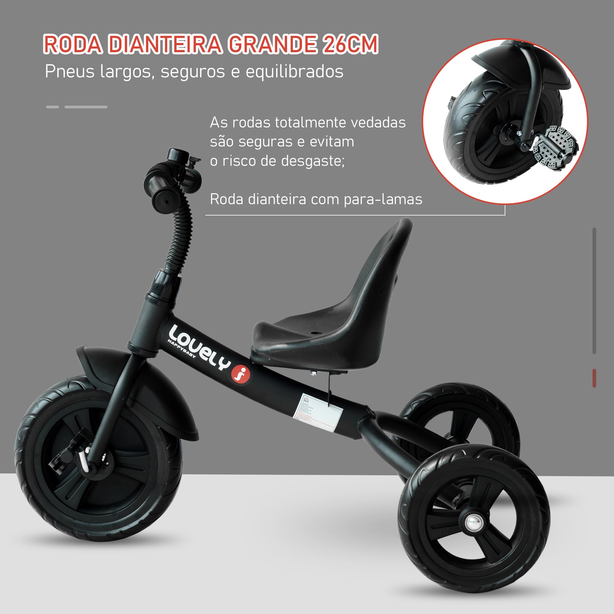 Triciclo Infantil Preto 79x50,5x58 cm com Protetor de Segurança e Campainha