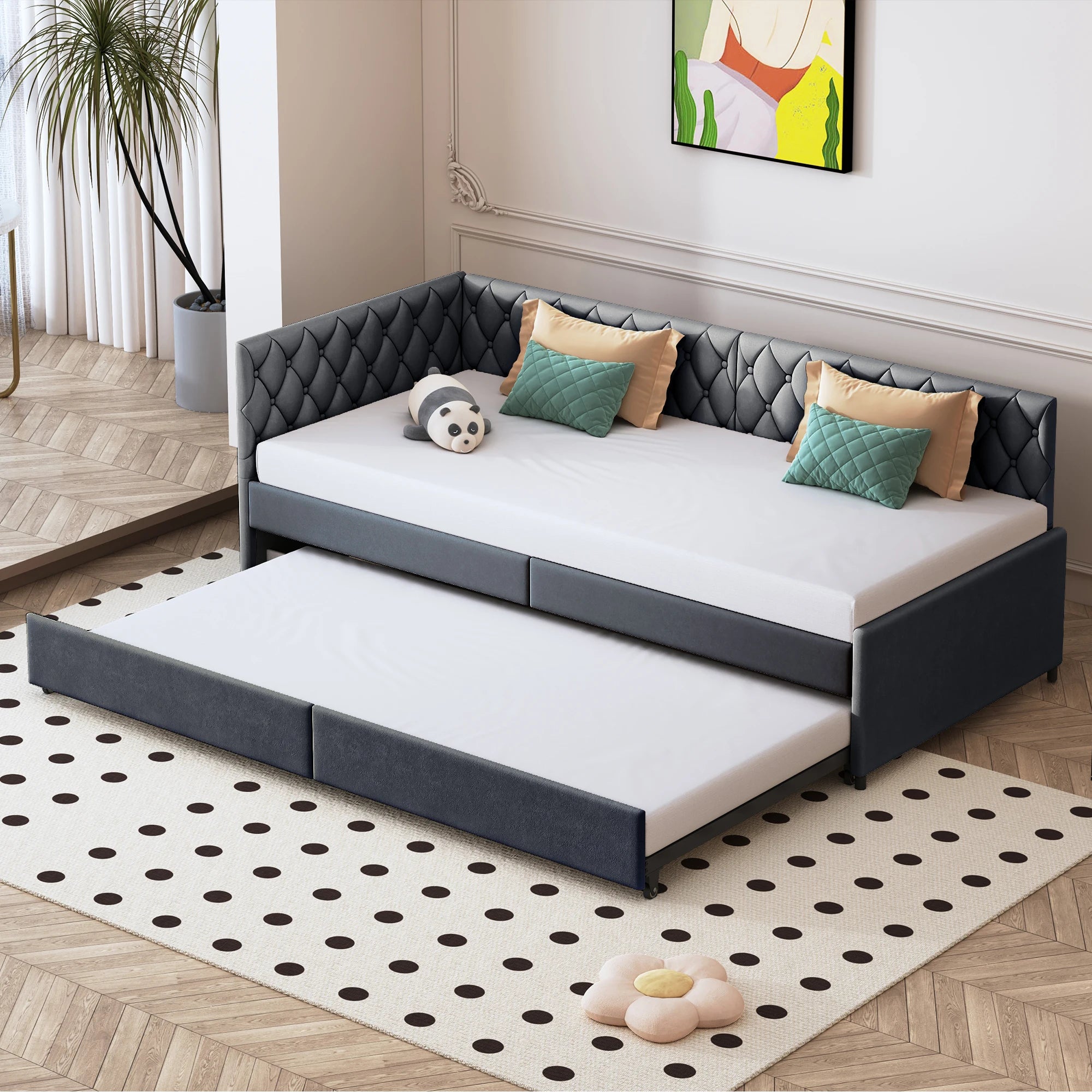 Sofá-Cama Rosahqnda Estofado 90x200 cm com Cama Extraível – Cinza – Estrutura com Estrado de Ripas