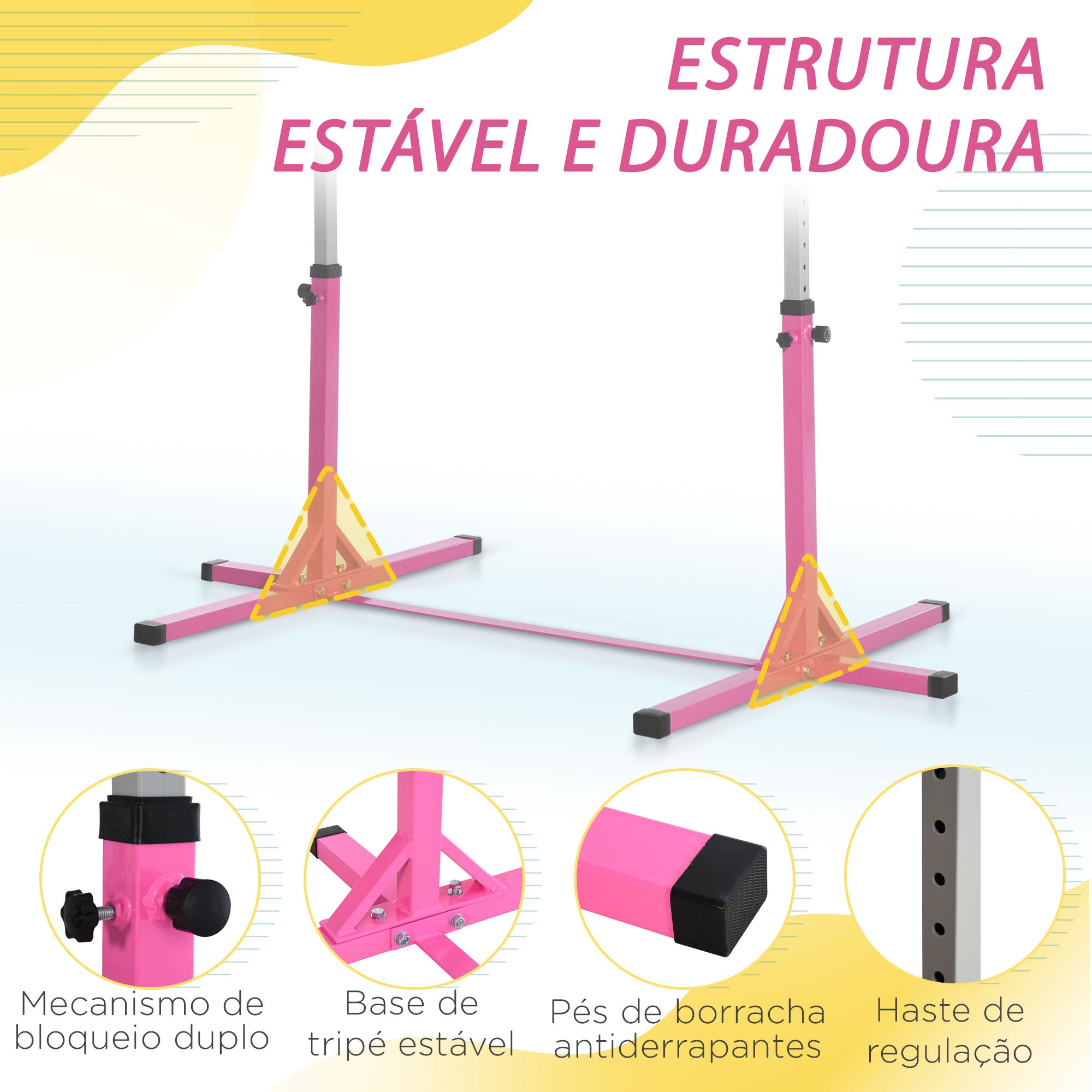 Barra de Ginástica para Crianças – 197x121x150 cm – Cor Rosa – Aço e Madeira de Faia