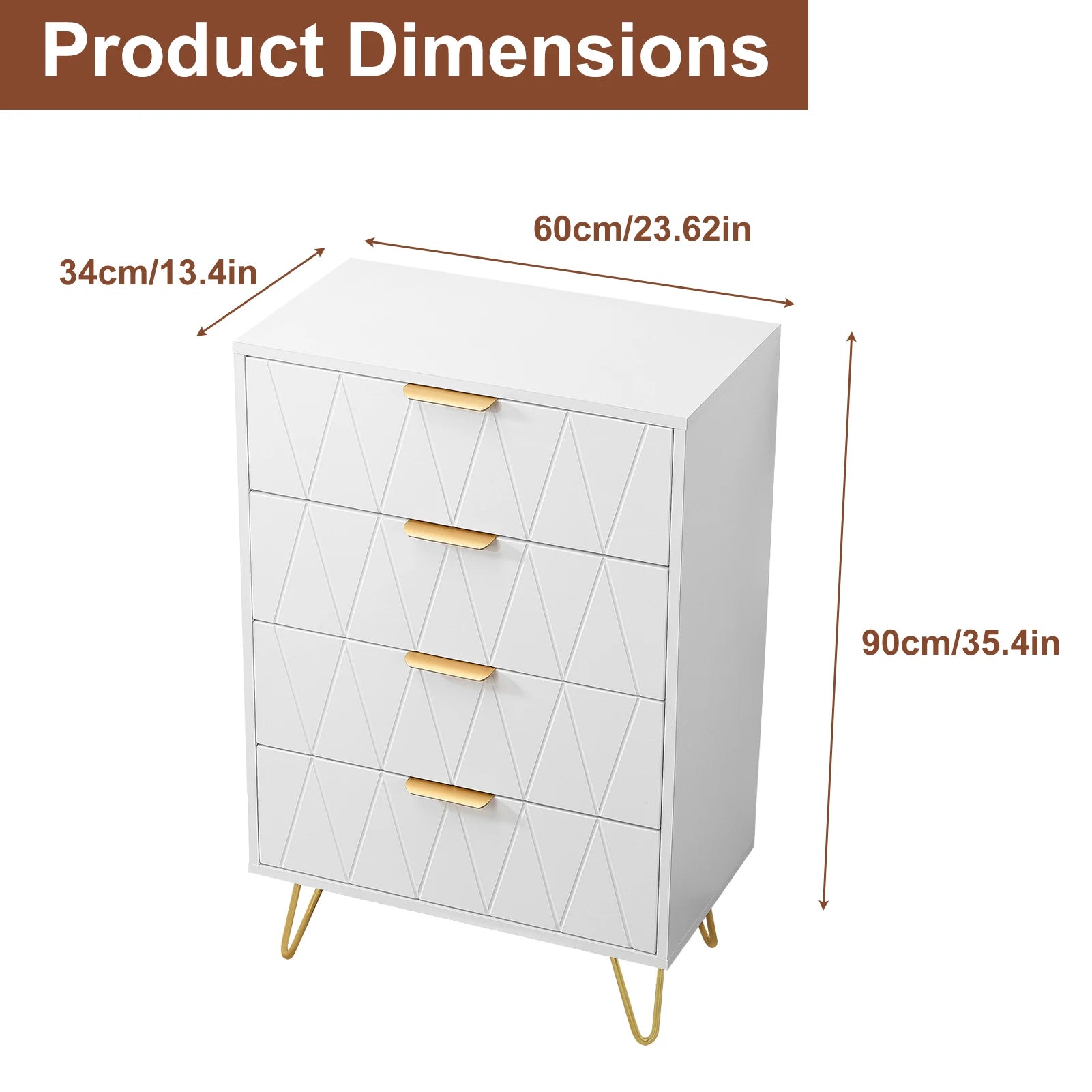 Cómoda Allia com 4 Gavetas – Branco – Estrutura em MDF com Pés Metálicos Dourados