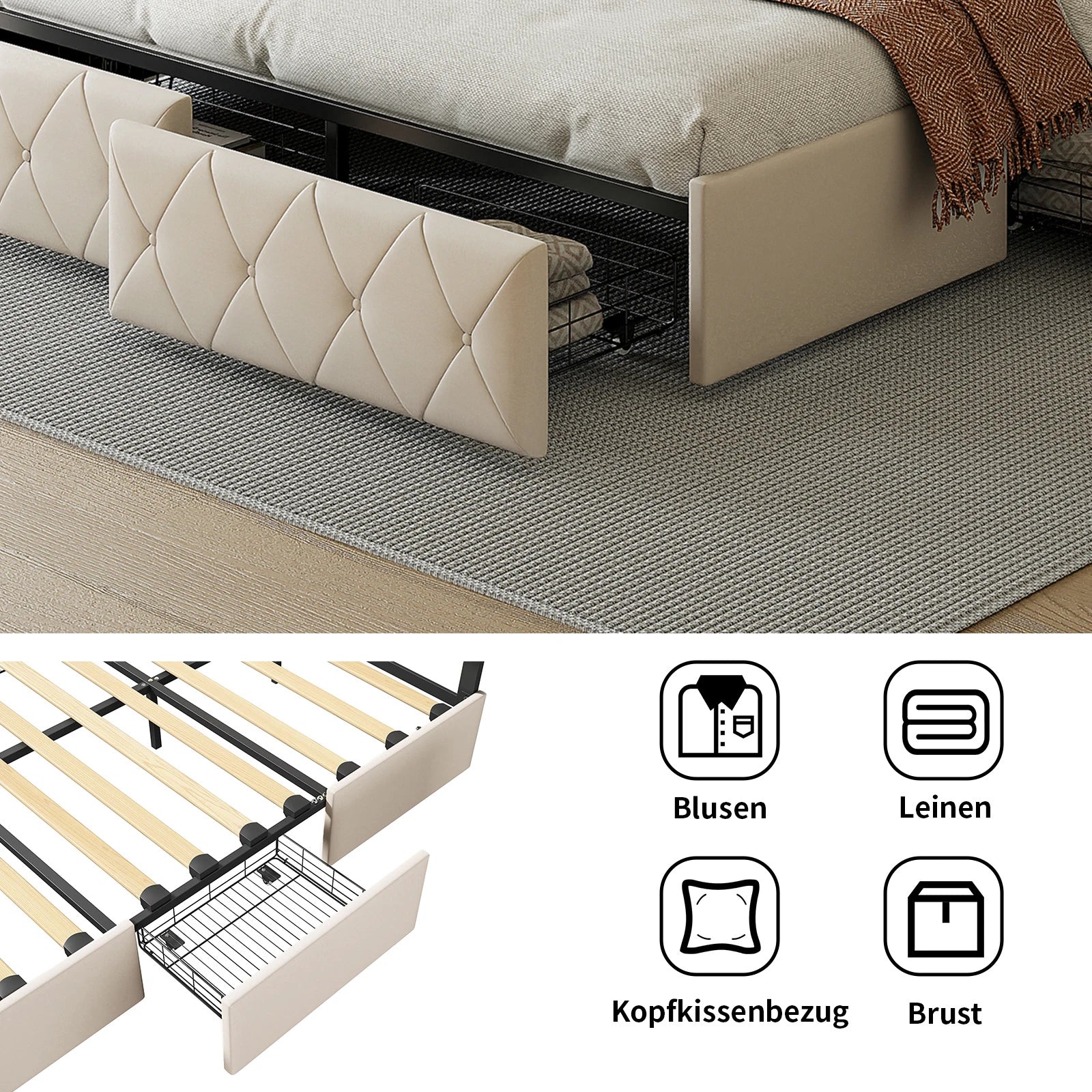 Cama de Casal Alma em Couro Sintético com 4 Gavetas – 160x200 cm – Bege – Estrutura Rosahqnda sem Colchão